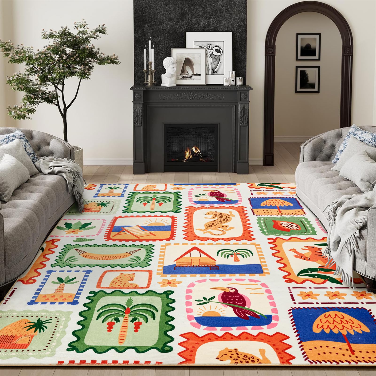 Summer Tropical Area Rug in Green and Orange Washable, Checkered Abstract Jungle Animals Cute Fun Aesthetic Throw Rug Accent Carpet for Bedroom Entryway Living Room Dorm Nursery