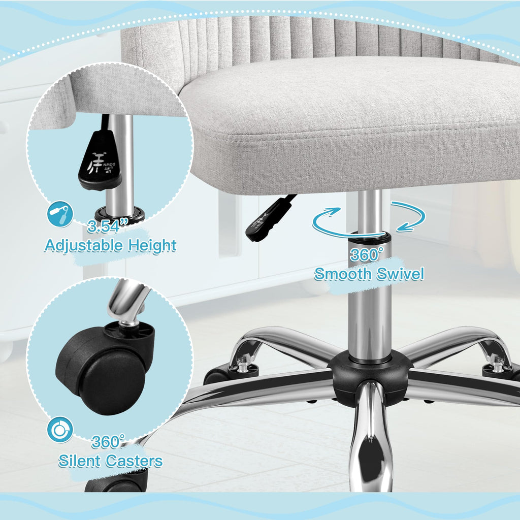 Modern Armless Cute Adjustable Swivel Padded Fabric Vanity Chair with Wheels