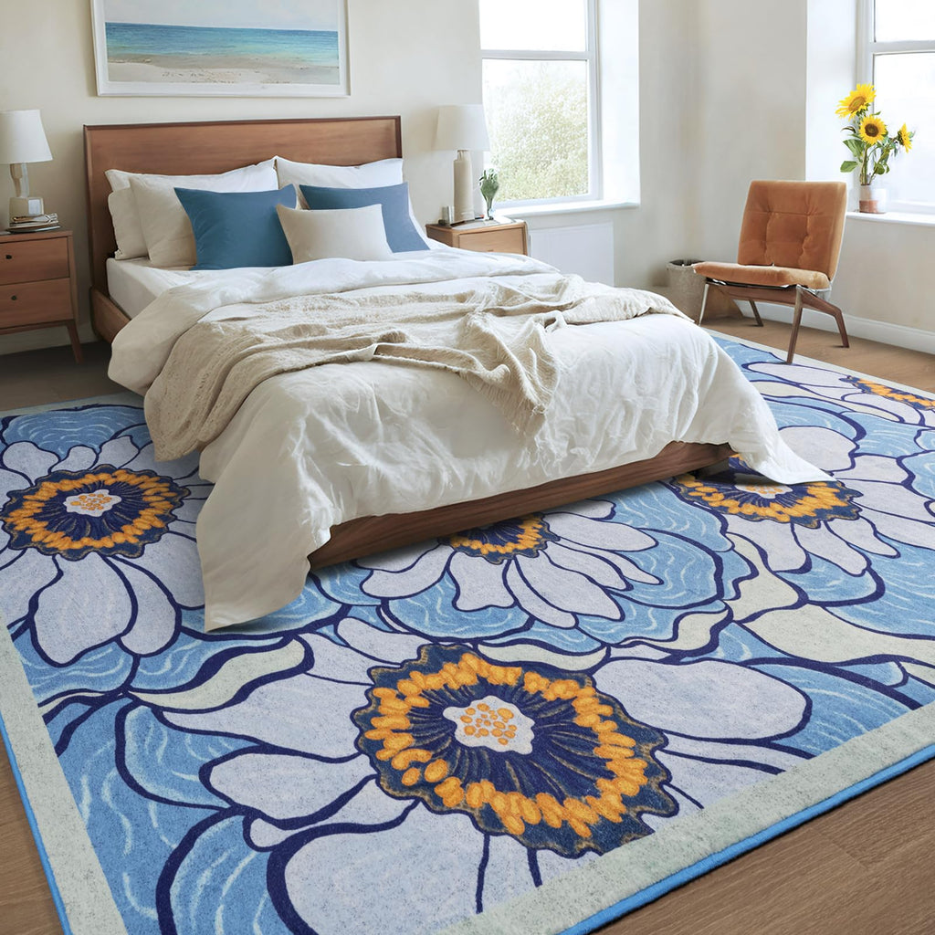 Faux Wool Boho Floral Area Rug Abstract Print Soft Carpet, TPR Non-Slip Backing, Machine Washable Low Pile Rug