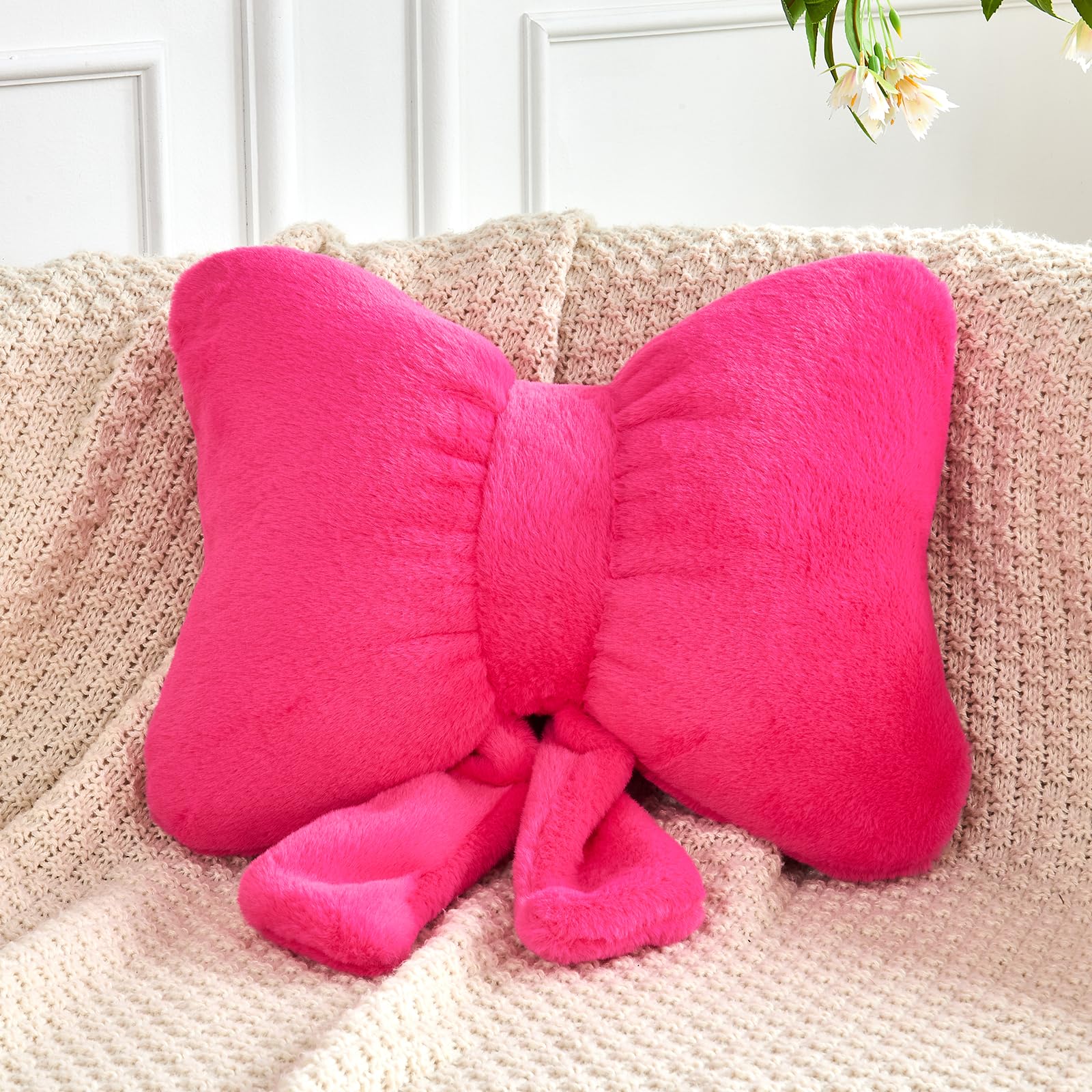 Bow Pillow, Soft Bow Decorative Pillows with Faux Rabbit Fur