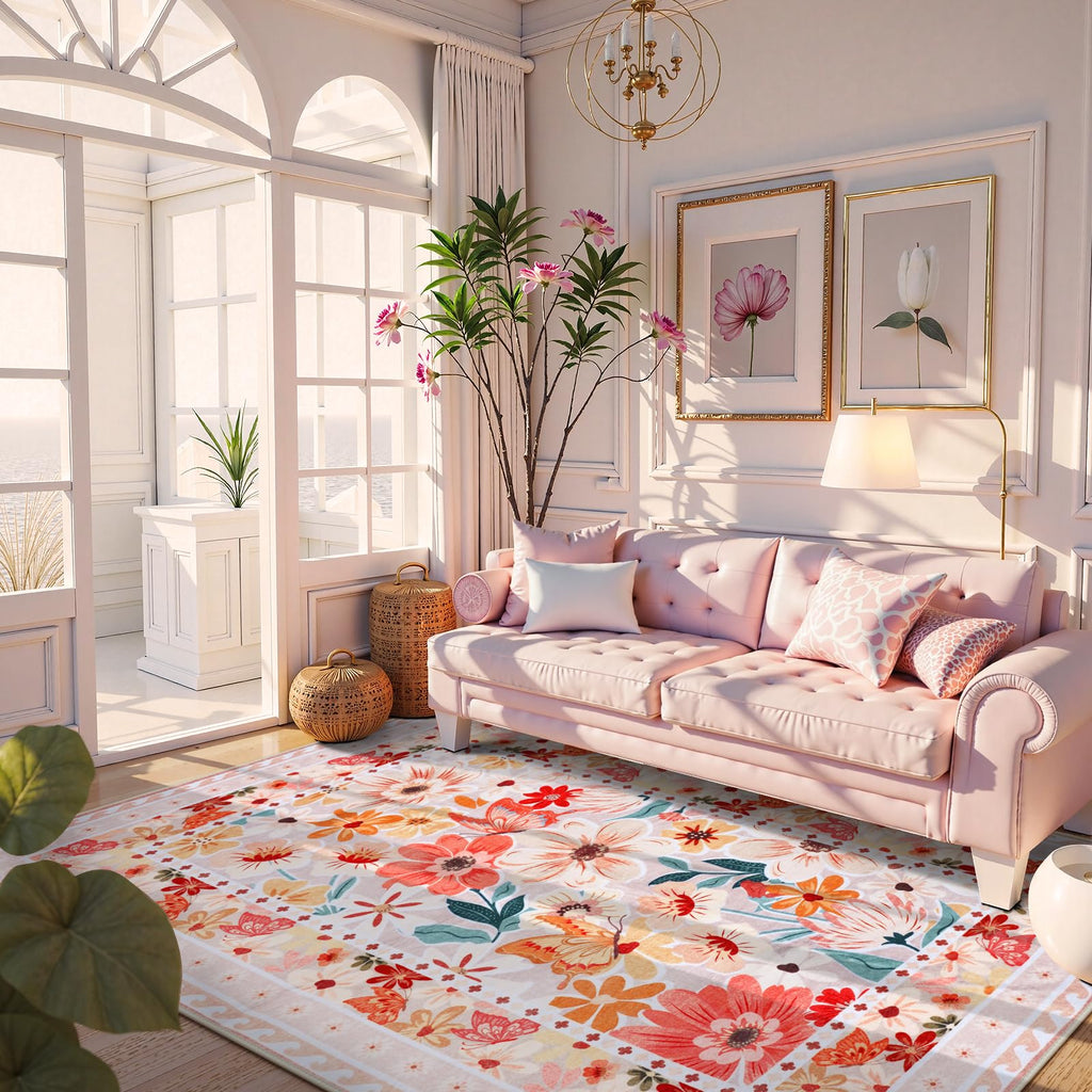 Floral Hallway Runner Rug, Runner Rugs Non Skid Washable, Low Pile Soft Boho Rugs