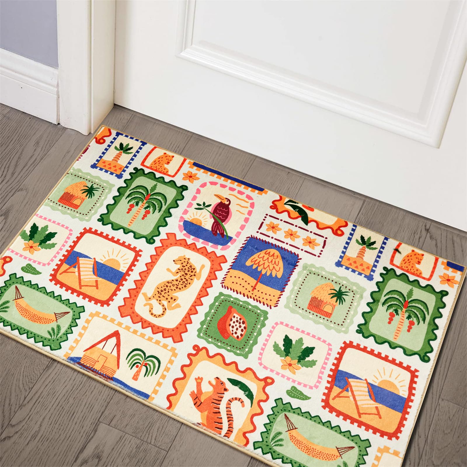 Summer Tropical Area Rug in Green and Orange Washable, Checkered Abstract Jungle Animals Cute Fun Aesthetic Throw Rug Accent Carpet for Bedroom Entryway Living Room Dorm Nursery