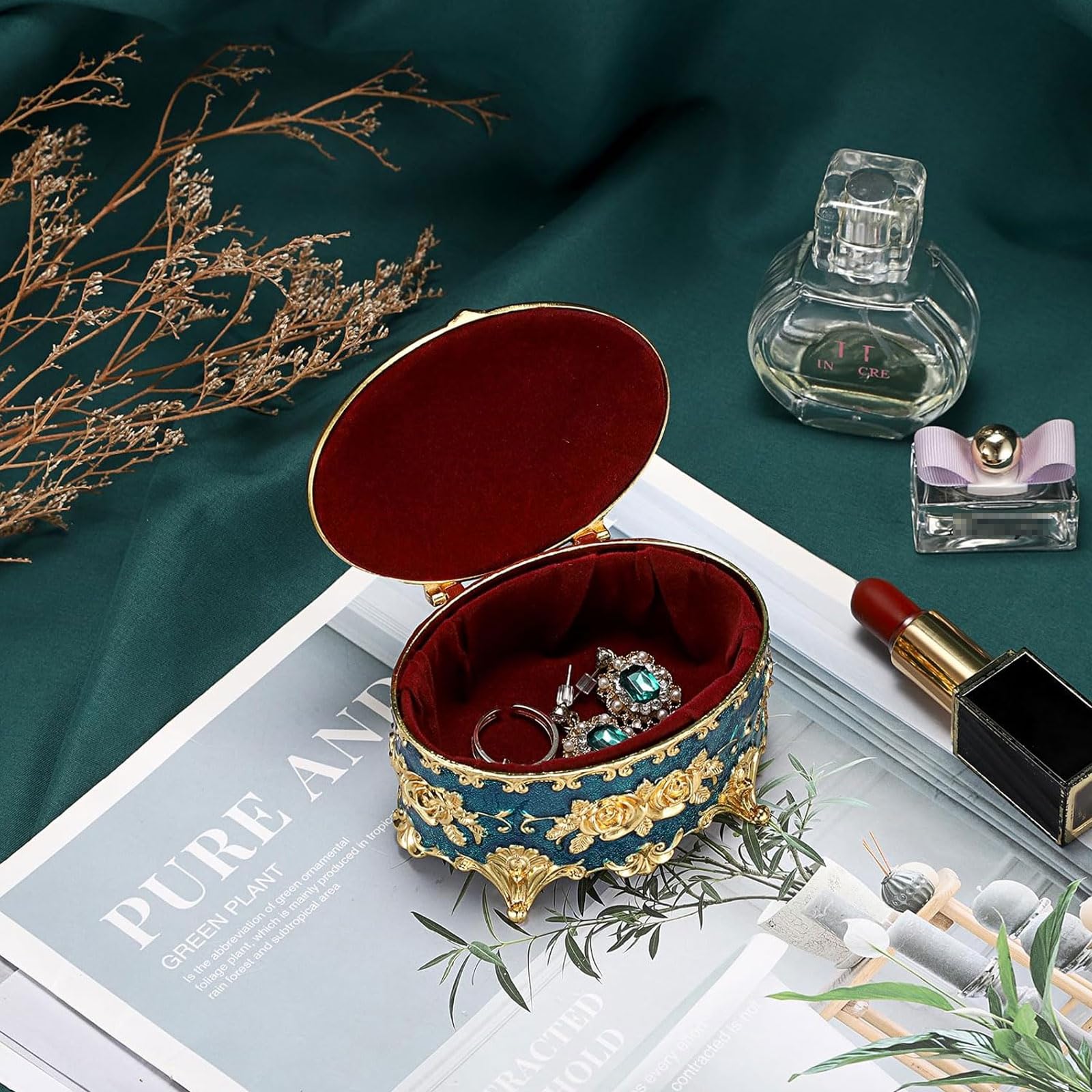 Vintage Metal Jewelry Box - Oval Trinket Organizer with Rose Pattern Jewelry Storage Box