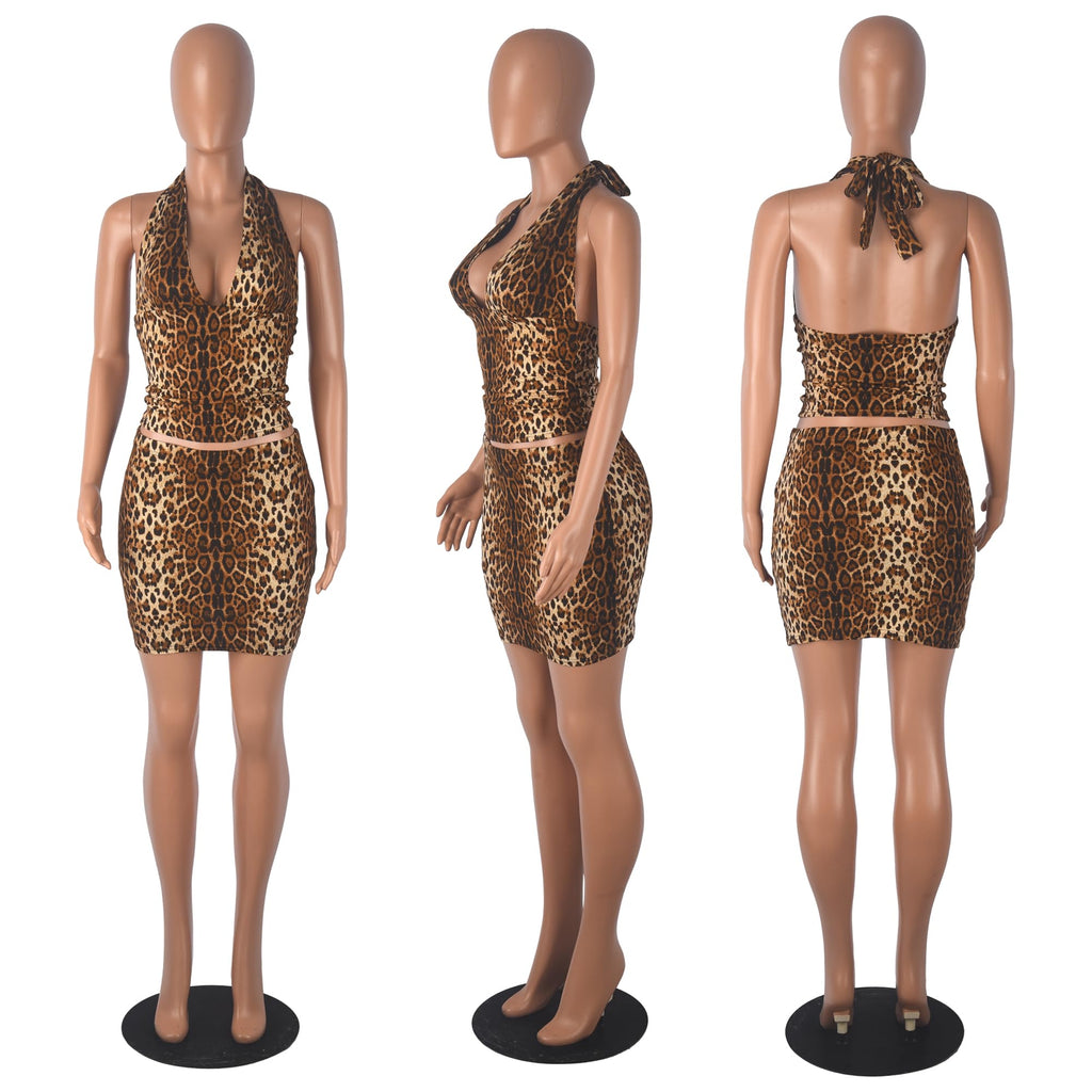 Women Sexy Casual 2 Piece Leopard Cheetah Print Party Club Bodycon Mini Dress