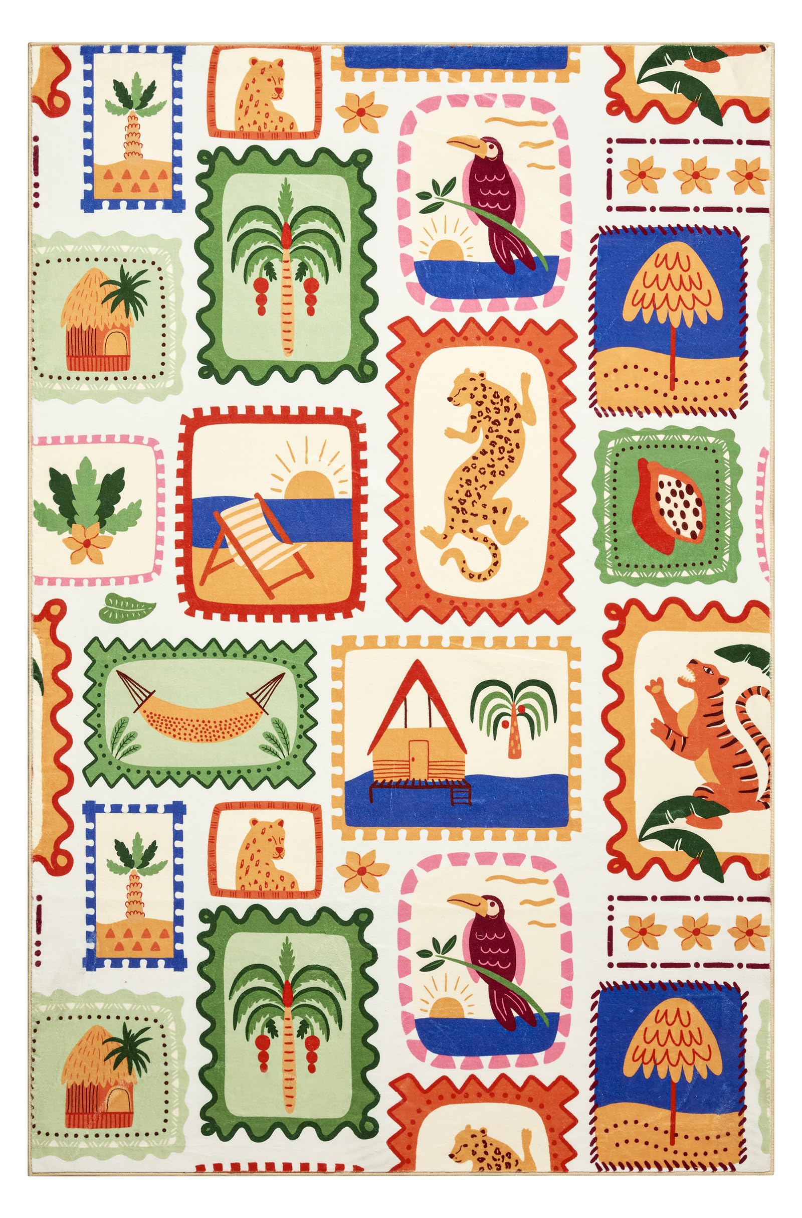 Summer Tropical Area Rug in Green and Orange Washable, Checkered Abstract Jungle Animals Cute Fun Aesthetic Throw Rug Accent Carpet for Bedroom Entryway Living Room Dorm Nursery