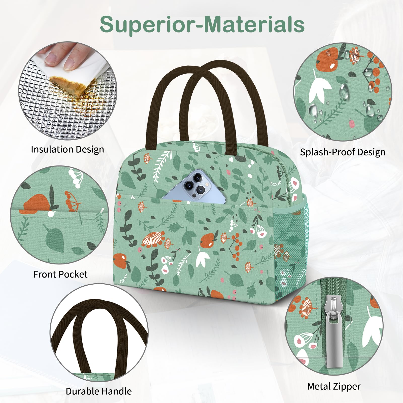 Reusable Insulated Lunch Tote Bag,Leakproof Food Handbags Case High Capacity