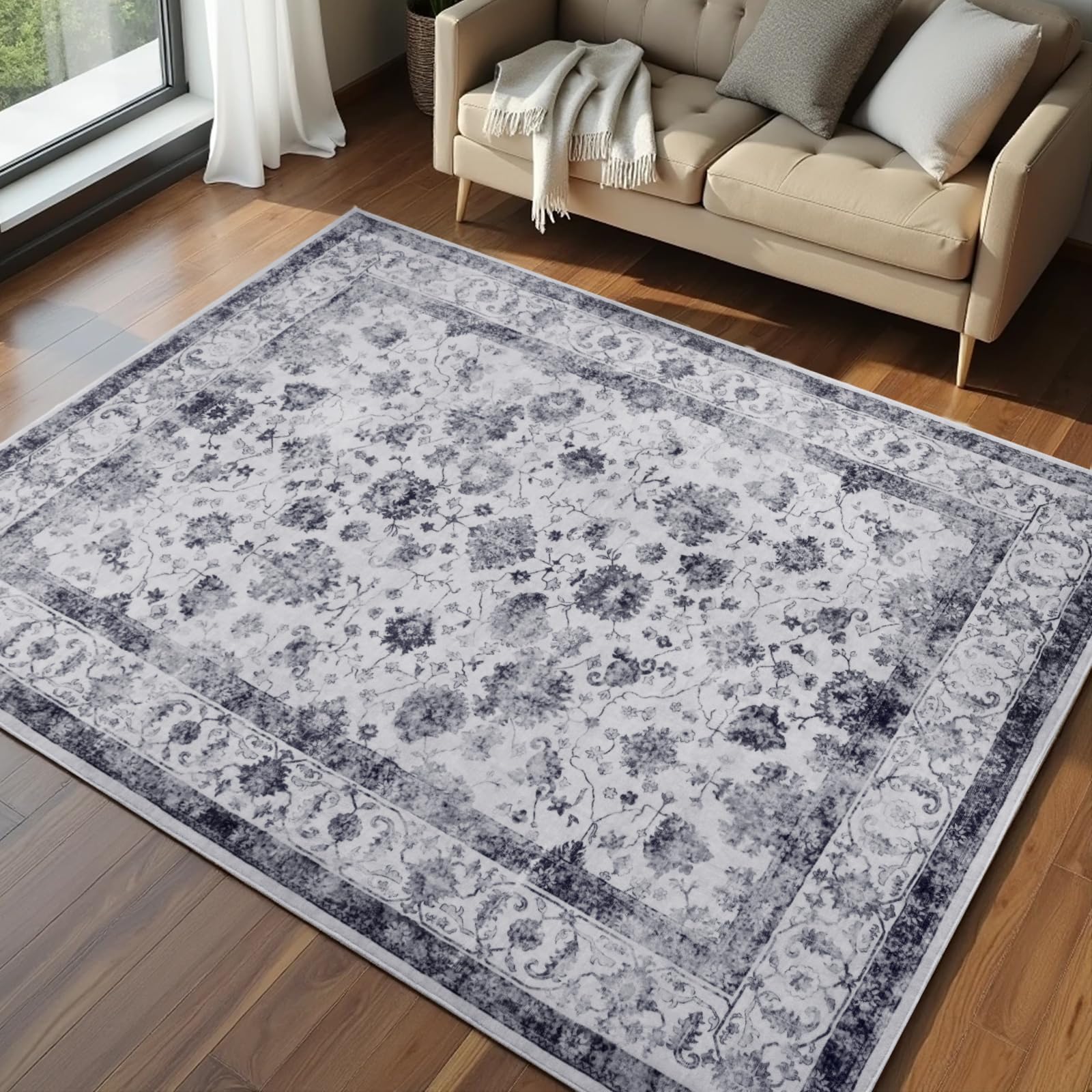 Washable Area Rugs Door Mat Entryway Vintage Floral Non-Slip Low Pile Entrance Thin Rug Carpet for Kitchen Bathroom Living Room Pink