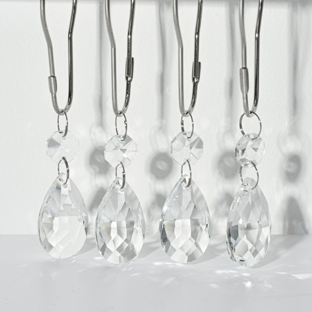 Set of 12 Water Drops Crystal Bead Stainless Steel Rust Resistant Clear Shower Curtain