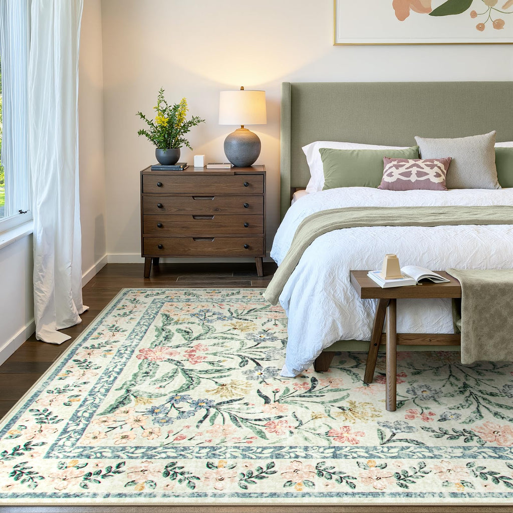 Machine Washable Boho Soft Floral Carpet Non Slip, Indoor Ultra-Thin Floor Carpet for Kid Room Living Room Dorm