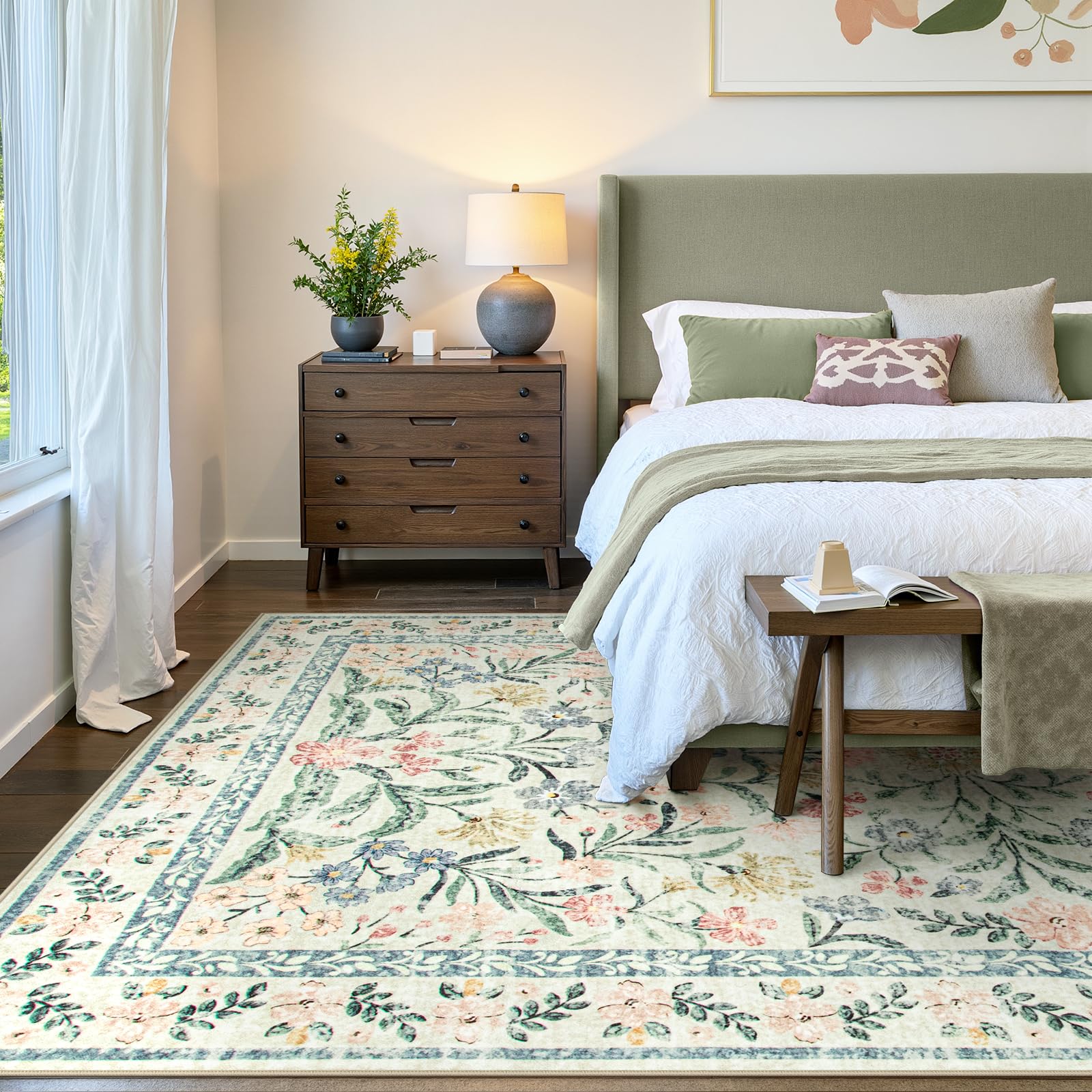 Machine Washable Boho Soft Floral Carpet Non Slip, Indoor Ultra-Thin Floor Carpet for Kid Room Living Room Dorm