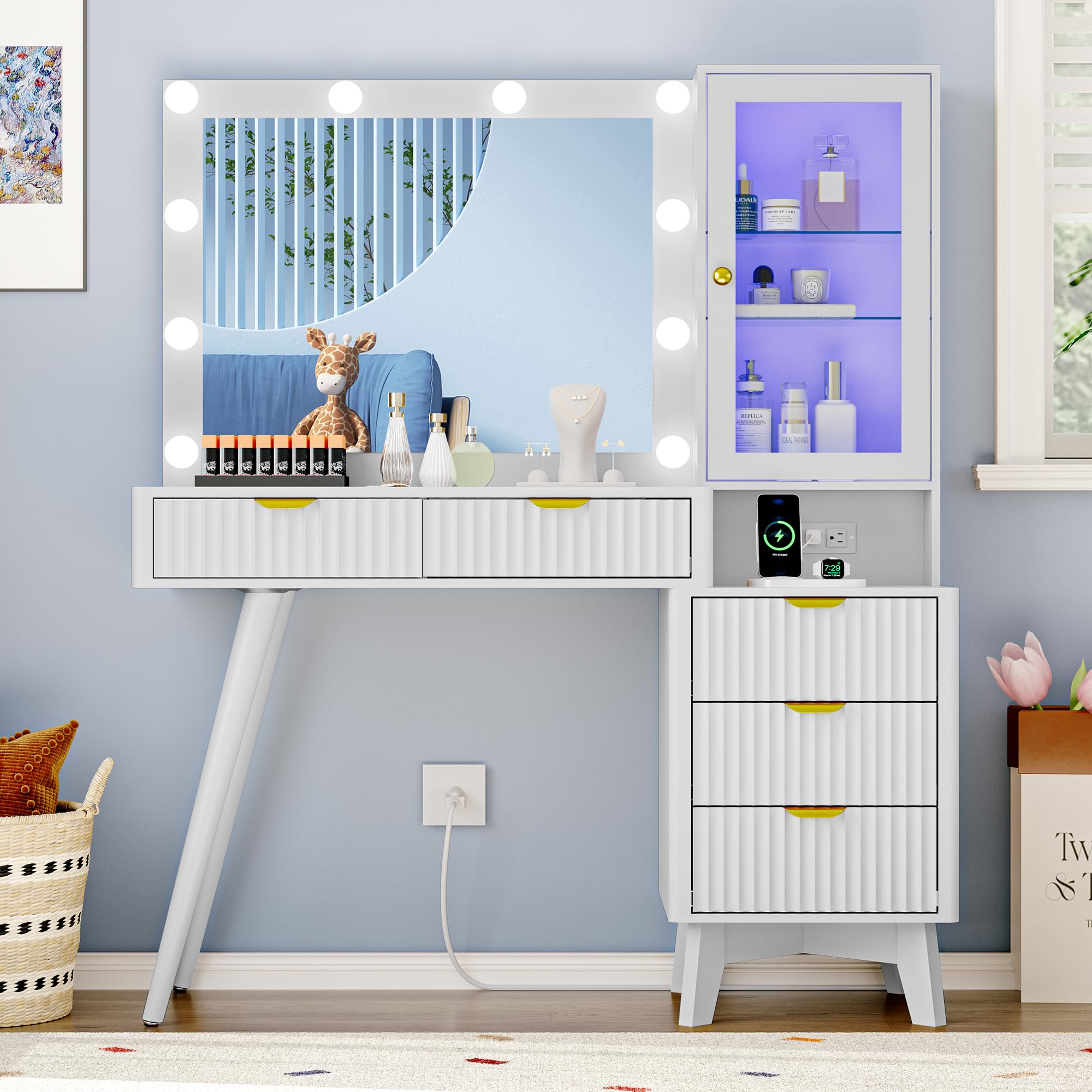 Fluted Vanity Desk with Mirror and Lights, 45" Glass Top Makeup Table Set with 5 Drawers, Power Outlet & Storage Cabinet, Large Dressing Table with RGB Ambient Light