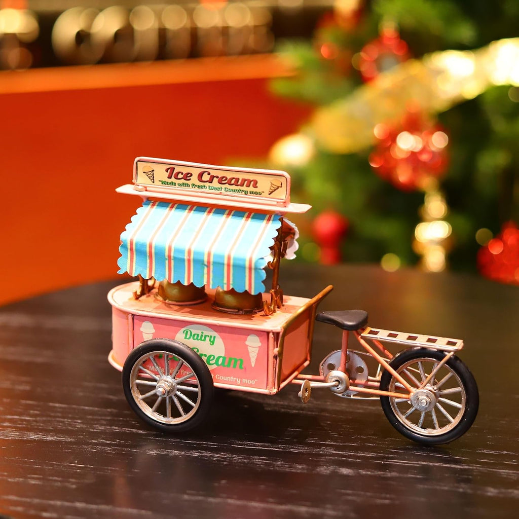 Pink Miniature Ice-Cream Tricycle Bike Model Ice Cream Cart Handmade Retro Home Decoration