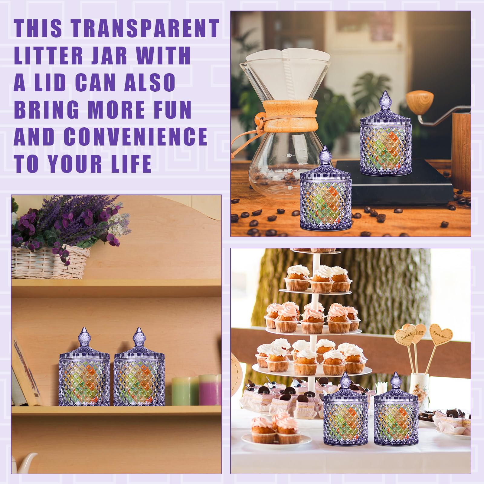 Crystal Glass Candy Jar Set with Lids Home Decorative Storage Jars for Apothecary, Bathroom, Kitchen, and Pantry, Ideal for Cotton Swabs and Jewelry