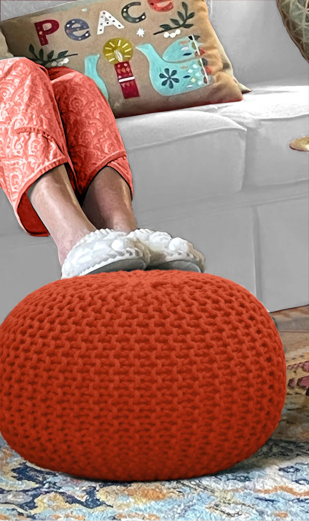 Hand-Knitted Cotton Round Pouf â€?Braid Cord Ottoman, Footrest, and Accent Seat for Living Room, Nursery, Kids Room, or Dorm Décor â€?20x14