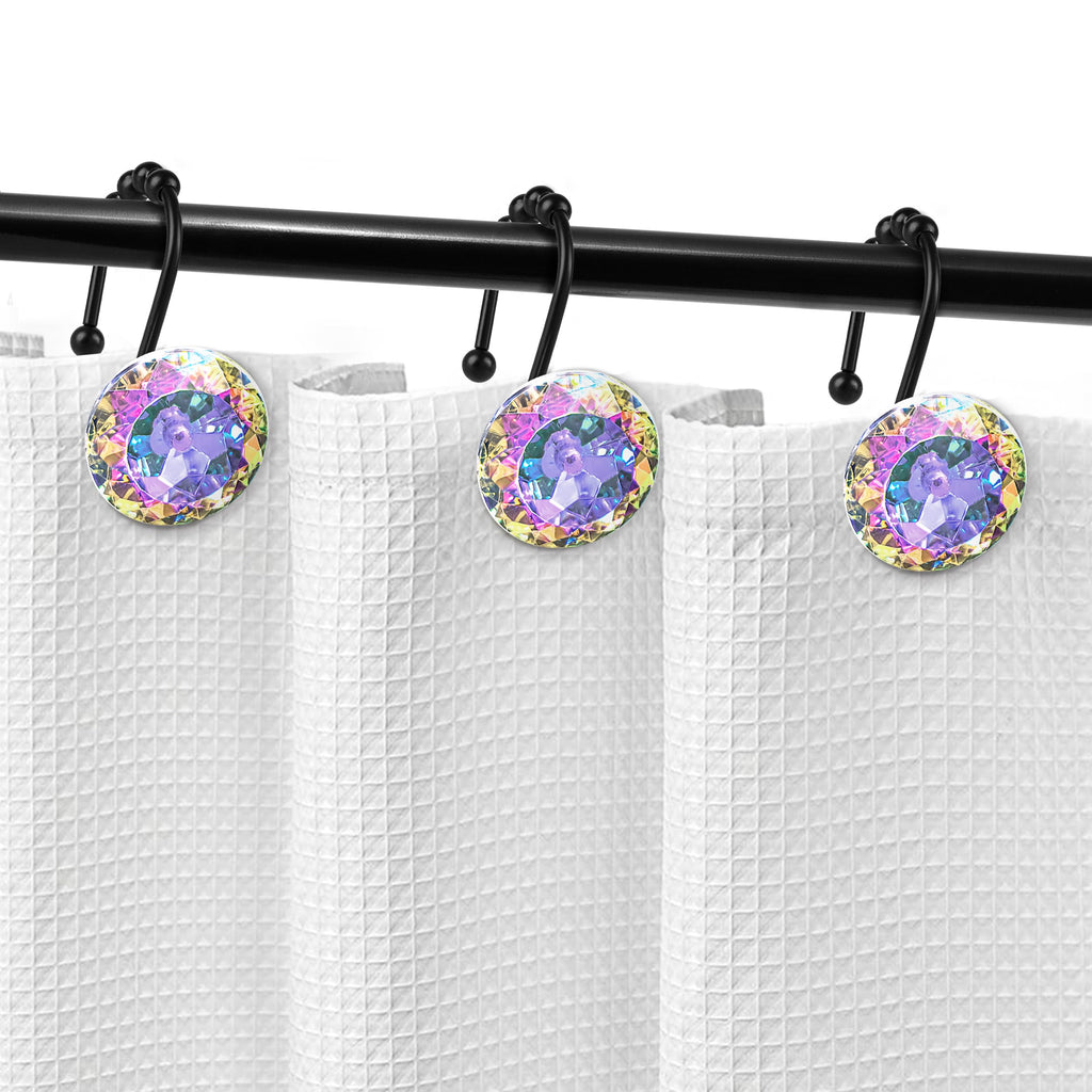 Luxury Design Round Diamond Crystal Gem Bling with Glide Balls Shower Curtain Hooks, Rust Proof Metal Rhinestones Glam Shower Curtain Rings-12 Pack