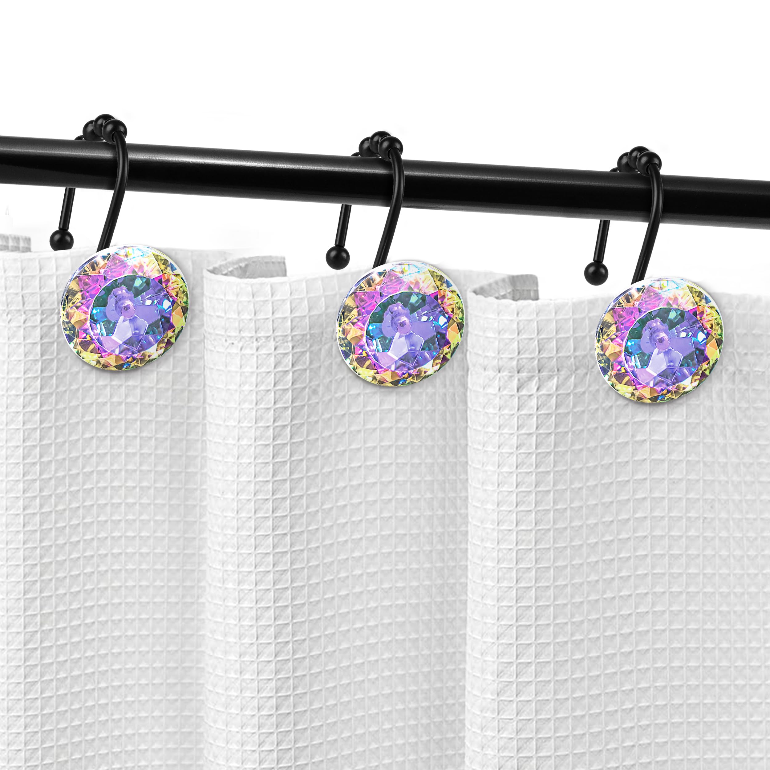 Luxury Design Round Diamond Crystal Gem Bling with Glide Balls Shower Curtain Hooks, Rust Proof Metal Rhinestones Glam Shower Curtain Rings-12 Pack