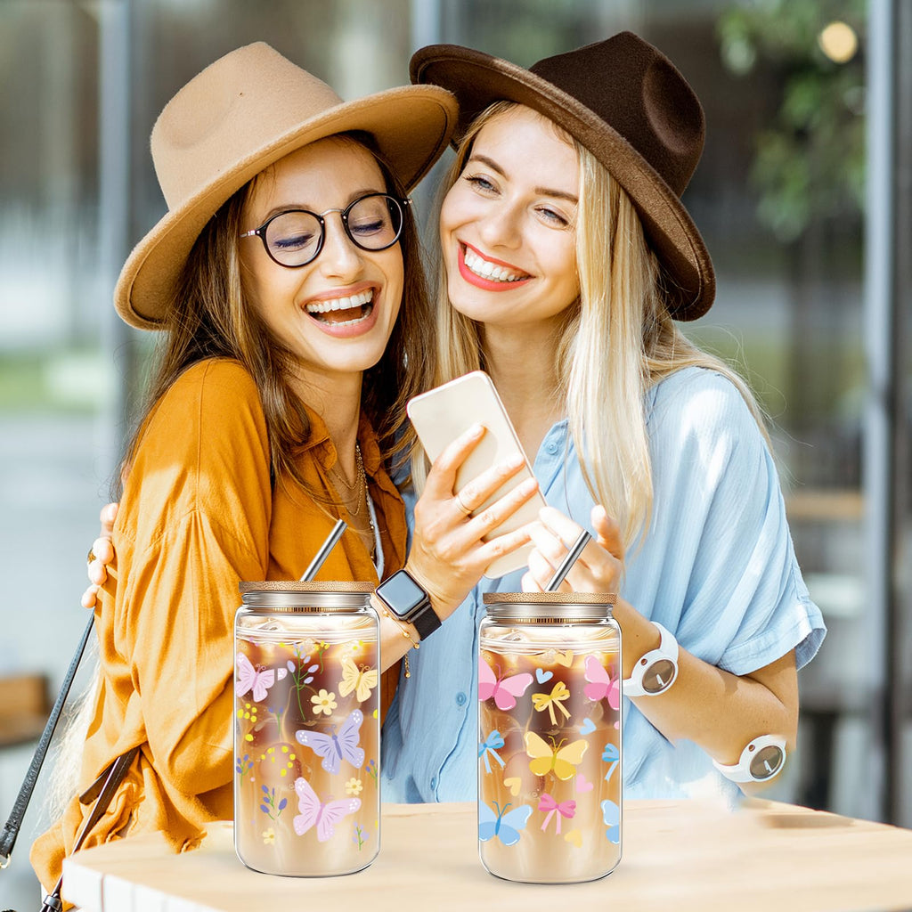 Cute 16oz Glass Cups with Lids and Straws, 2 Pack