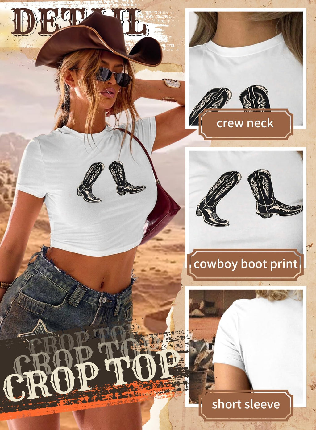 Western Cowgirl Crop Tops for Women - Country Rodeo Outfits Boot Print Summer Slim Shirt Sexy Cowboy Tee