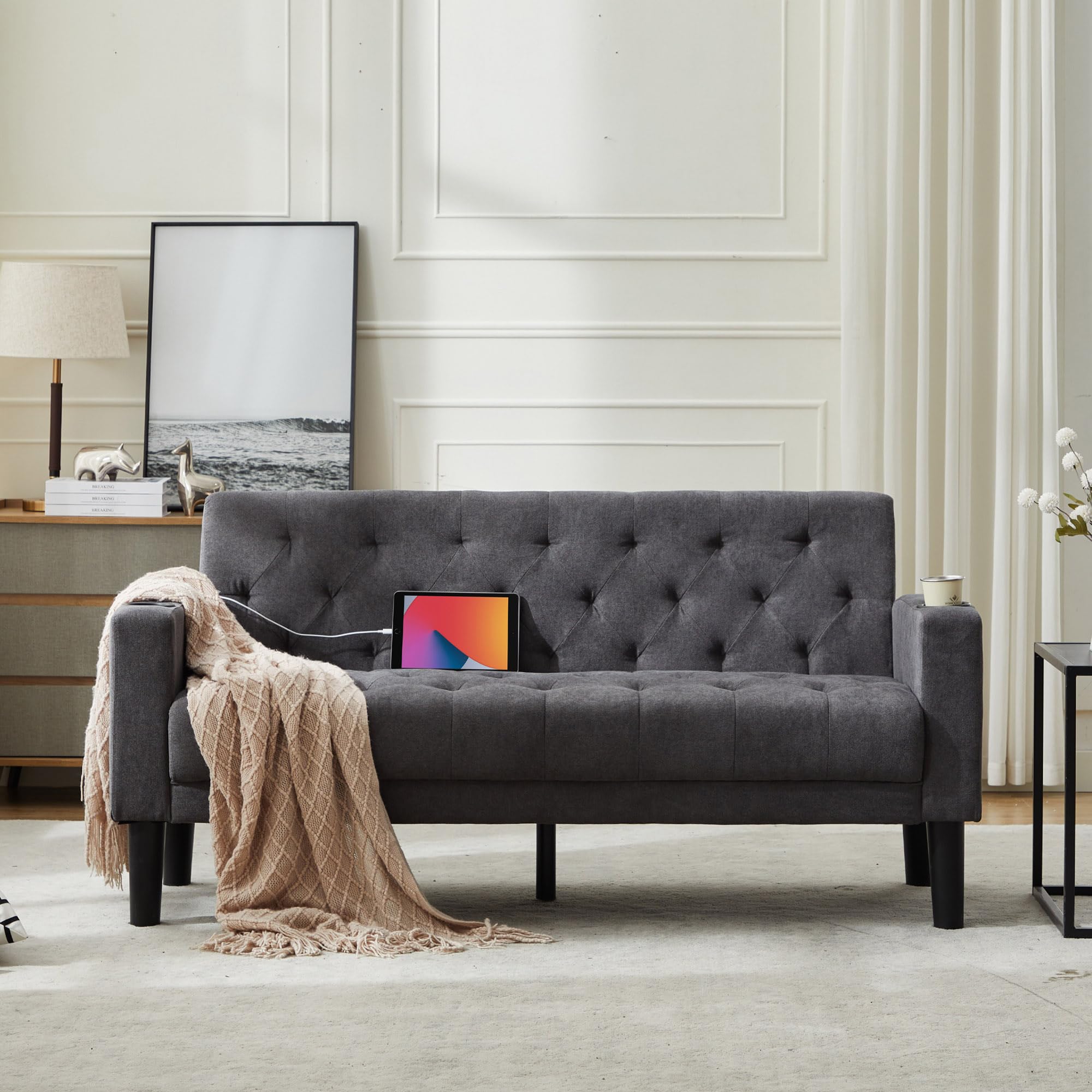 Velvet Loveseat Sofa w/ 2 USB Charger Ports and 2 Cupholders, Mid-Century Modern Tufted