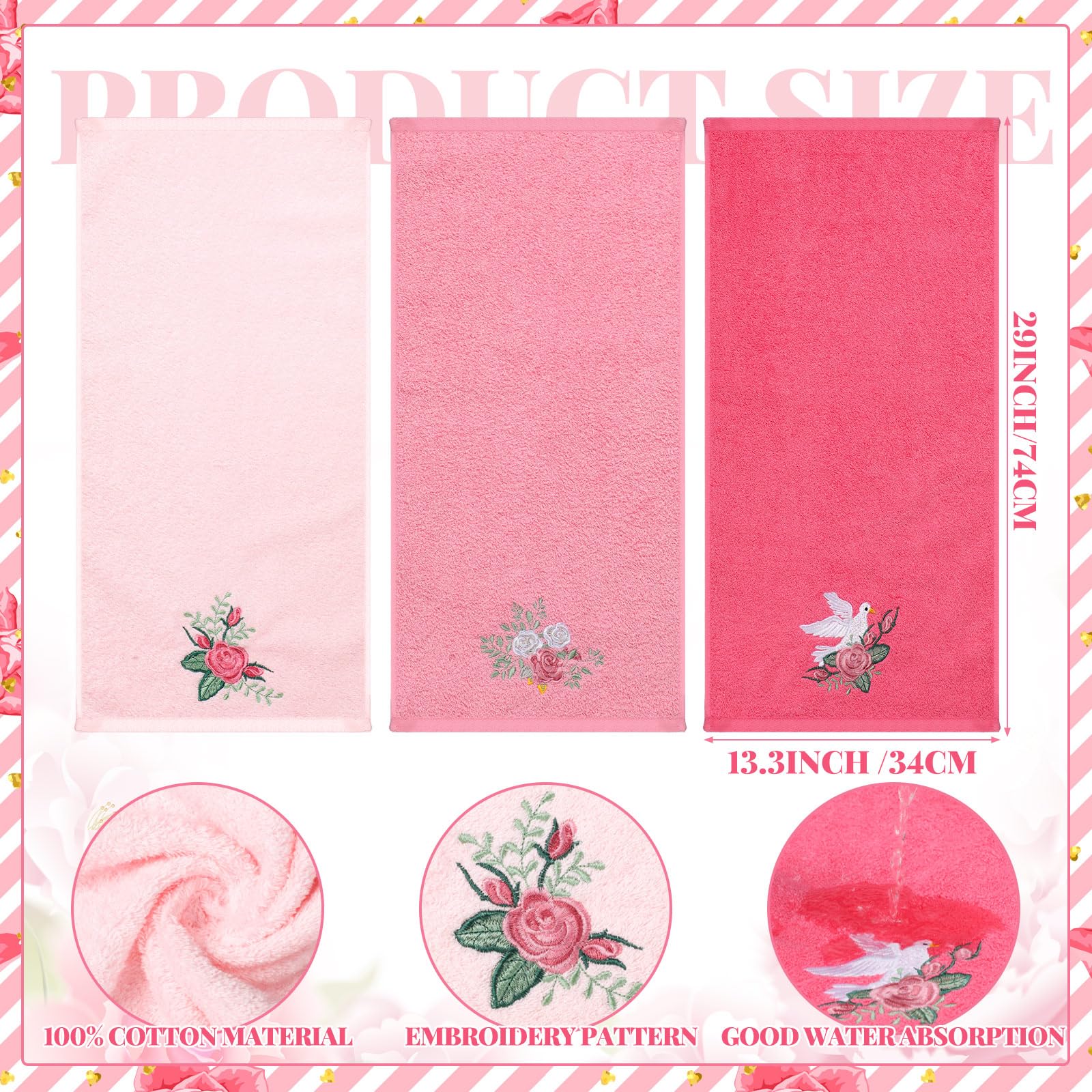 Rose Floral Hand Towels Farmhouse Pink Rose Bathroom Decor 14x29 Inch Embroidered Decorative Cute Summer Flowers Hand Towels Cotton Soft Absorbent Towels for Bathroom Kitchen