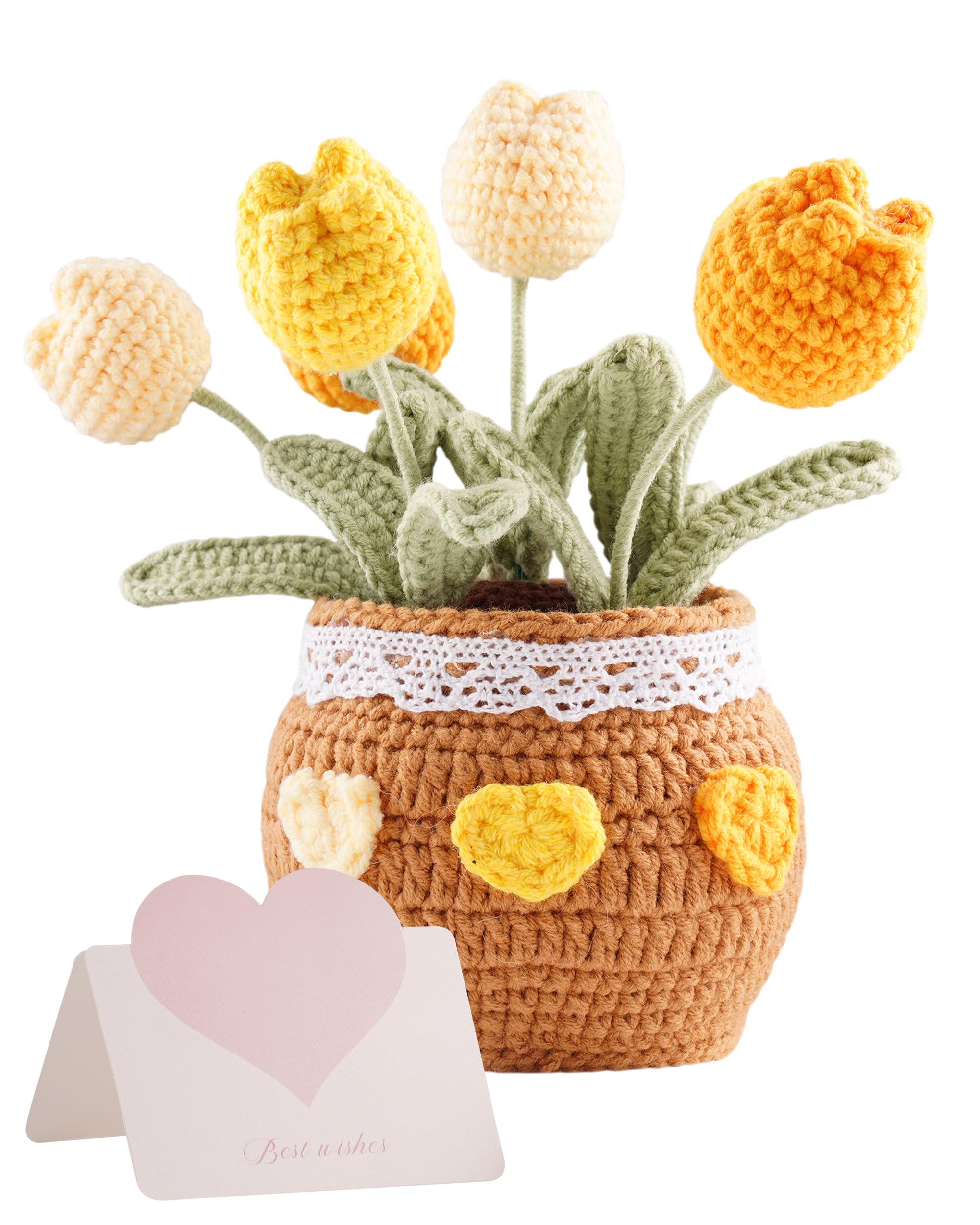 Crochet Tulip Potted Plant - Handmade Cotton Knitted Artificial Flowers, 6 Tulips Pot Plant with Bendable Leaves