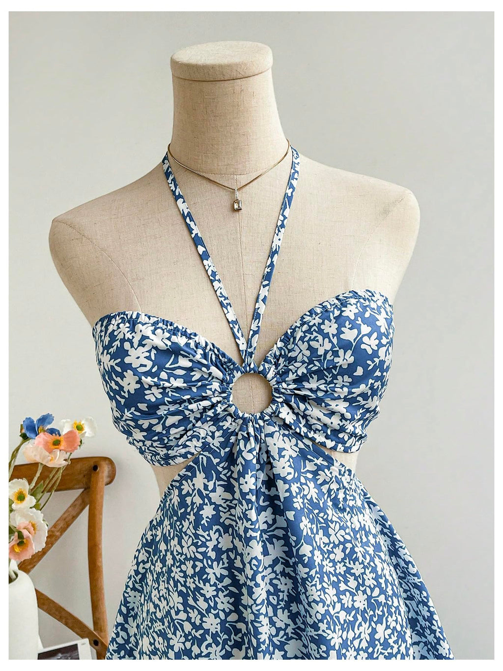 Women's Floral Halter Neck Vacation Dress Sleeveless Cut Out Boho Cami Dress