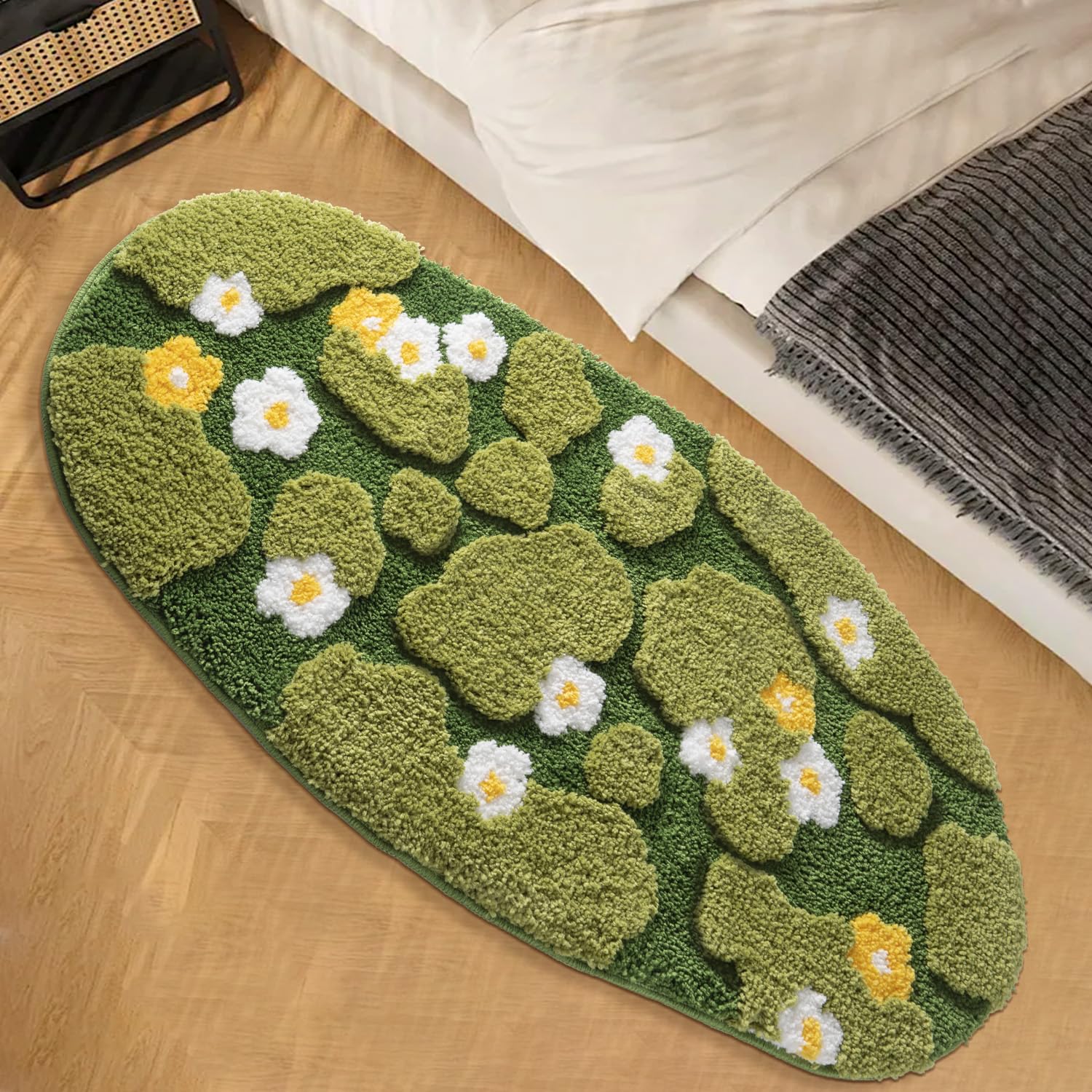 Green Moss Bathroom Rugs Bath Mat Non Slip, Ultra Soft Absorbent Aesthetic Decor Shaggy Tufted Flower Long Bath Rugs