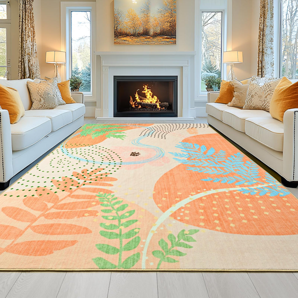 Faux Wool Boho Floral Area Rug Abstract Print Soft Carpet, TPR Non-Slip Backing, Machine Washable Low Pile Rug