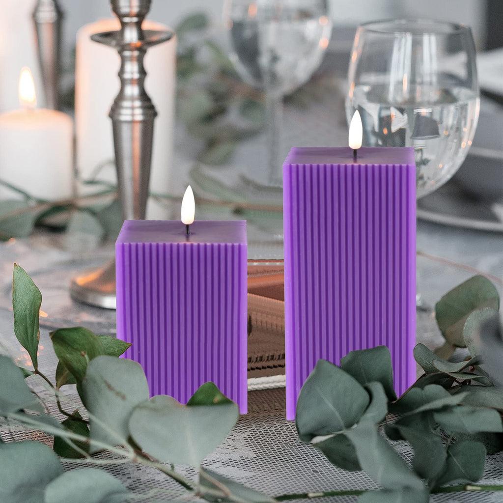 Square Ribbed Flameless Candles with Remote, Flickering Real Wax Battery LED Candles 3" H 4" 6"