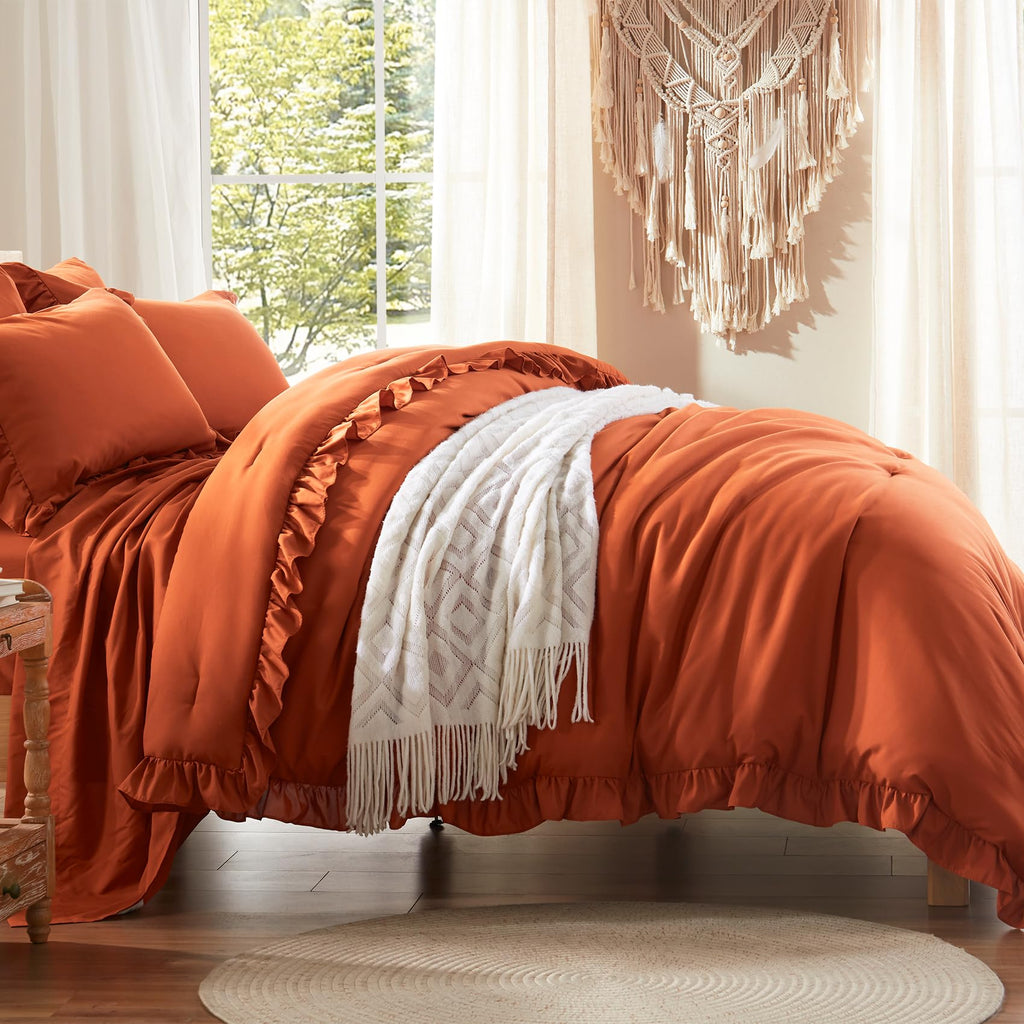 Comforter Set 7 Piece, Bed in a Bag with Sheets, All Season Ruffle Shabby Chic Bedding Sets with 1 Comforter, 2 Pillow Shams, 2 Pillowcases, 1 Flat Sheet, 1 Fitted Sheet