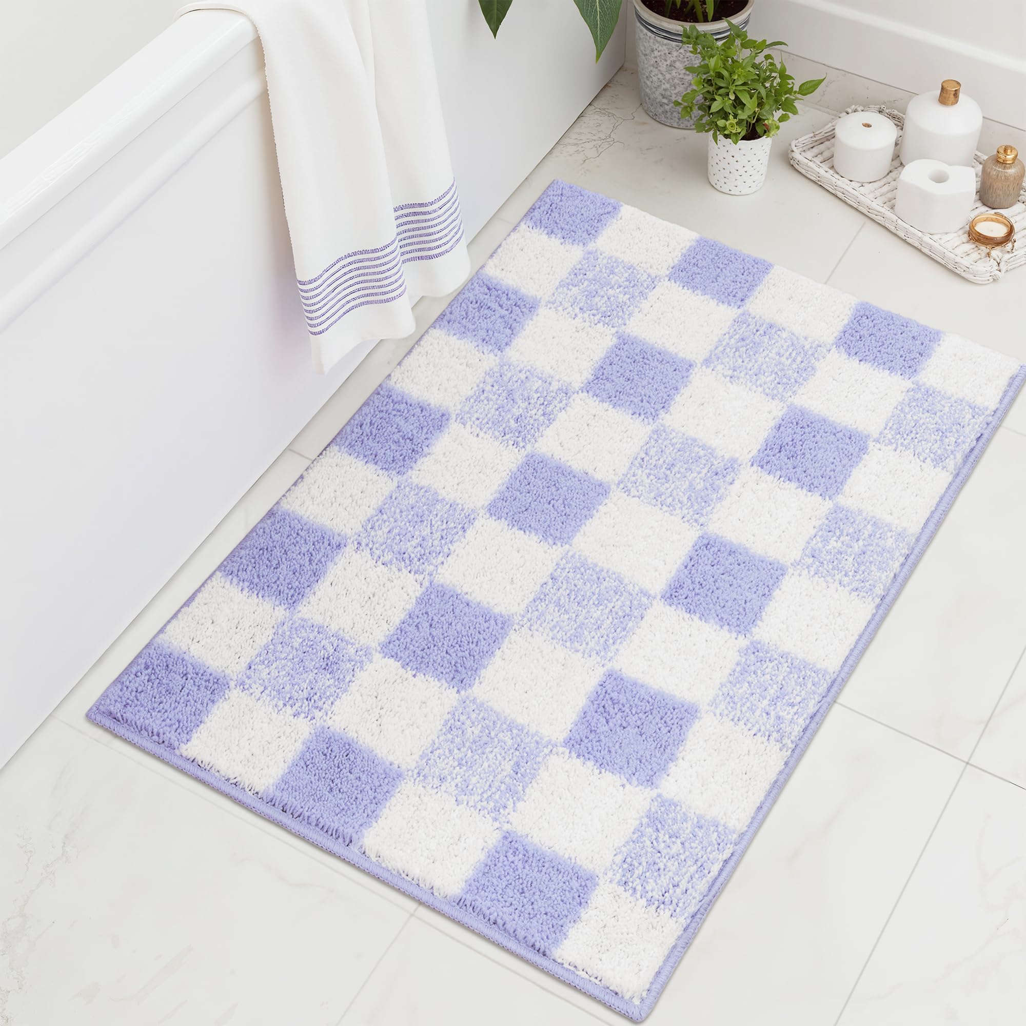 Checkered Bathroom Rugs, Fluffy Rug, Absorbent Microfiber Ultra Soft Bath Mat Washable, Non-Slip Bath Mats for Bathroom, Cute Floor Mat
