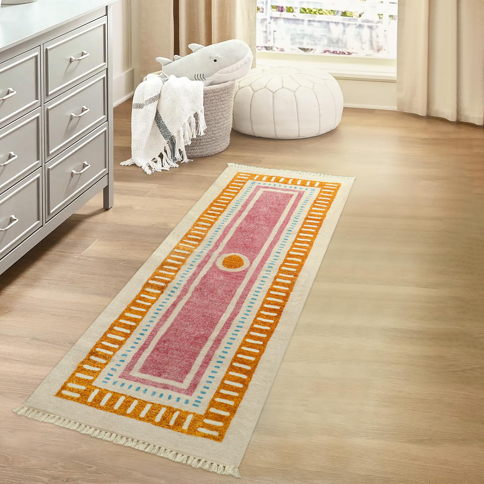 Orange Rainbow Boho Runner Rugs with Fringes, Sun Washable Hallway Runner Rug, Soft Non-Slip Area Rug