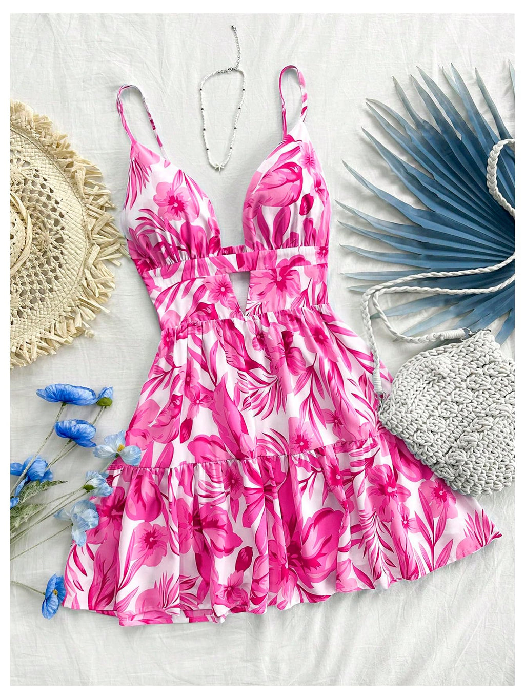 Women's Sleeveless Butterfly Print Cut Out V Neck Tiered Mini Cami Dresses