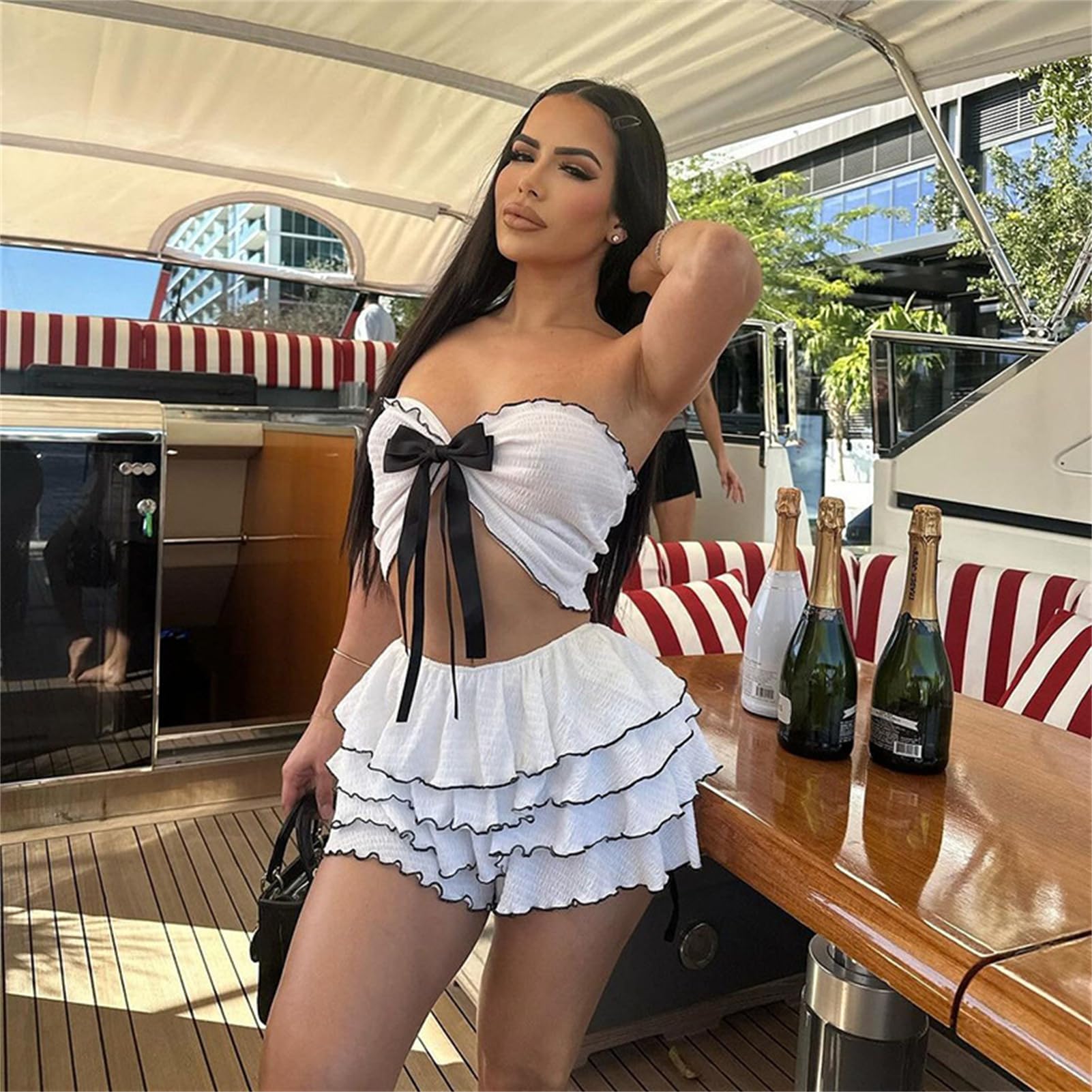 Women 2 Piece Skirt Sets Sexy Ruffle Ruched Tube Crop Tops Layer Pleated Flowy Mini Skort Skirts Y2K Clothes