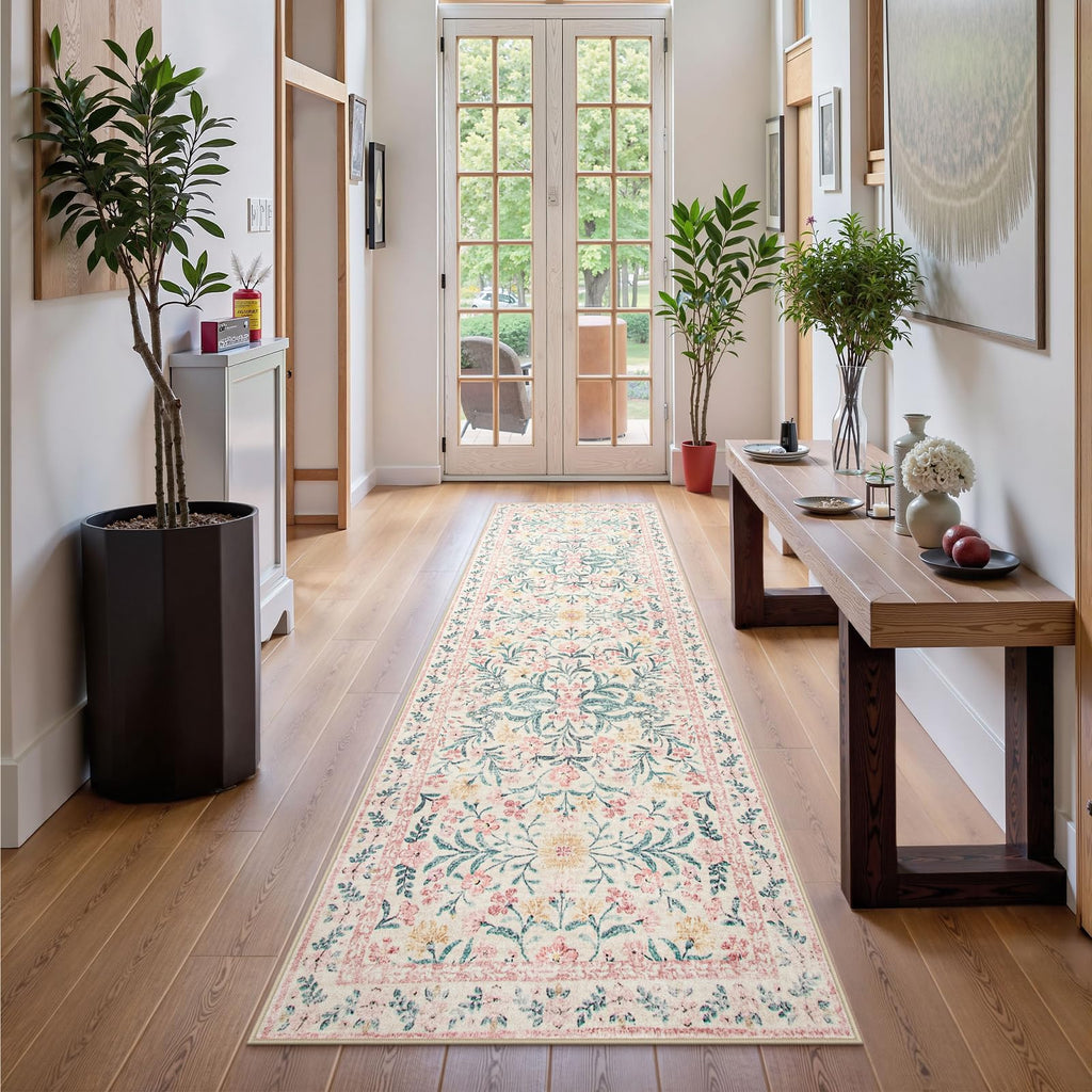 Machine Washable Boho Soft Floral Carpet Non Slip, Indoor Ultra-Thin Floor Carpet for Kid Room Living Room Dorm