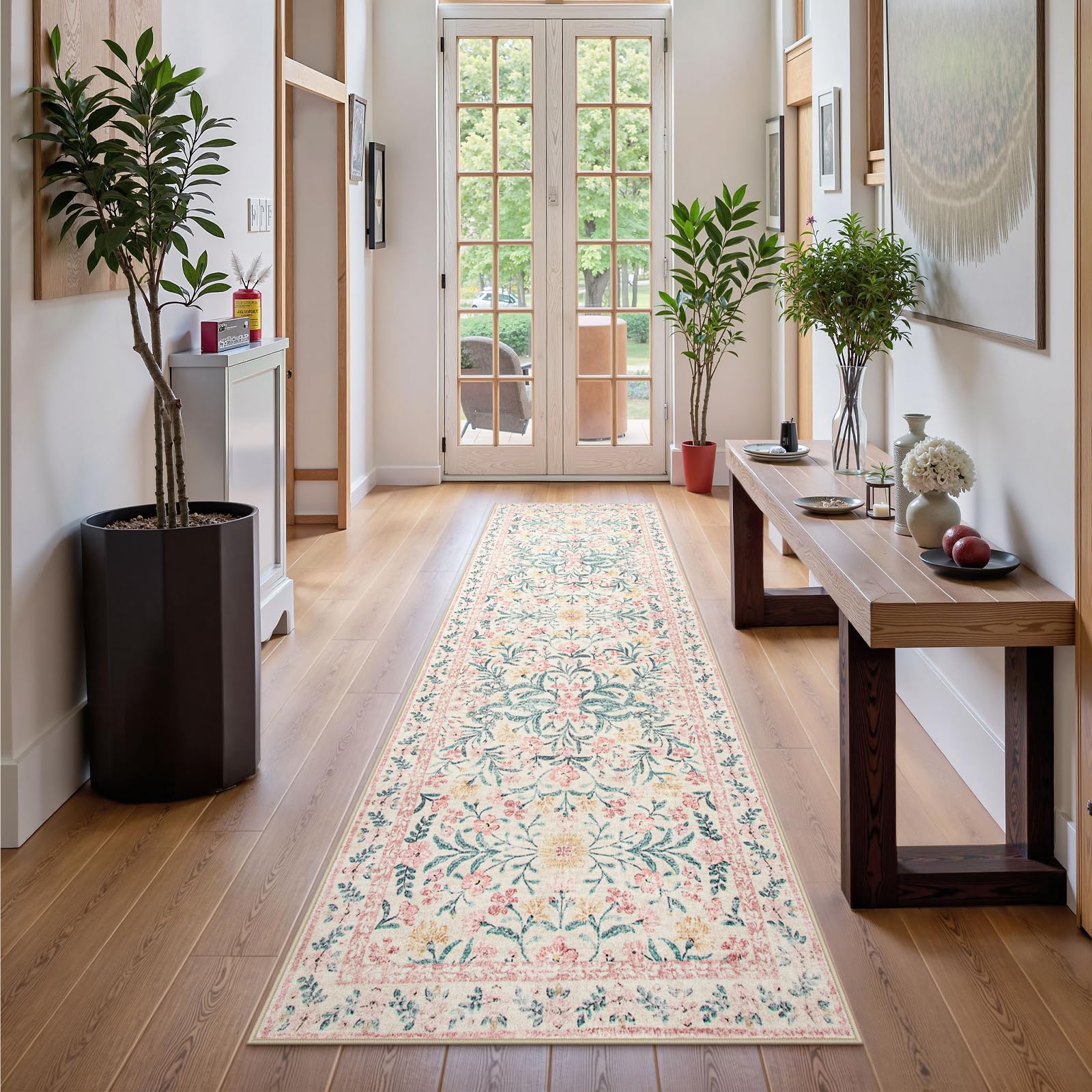 Machine Washable Boho Soft Floral Carpet Non Slip, Indoor Ultra-Thin Floor Carpet for Kid Room Living Room Dorm