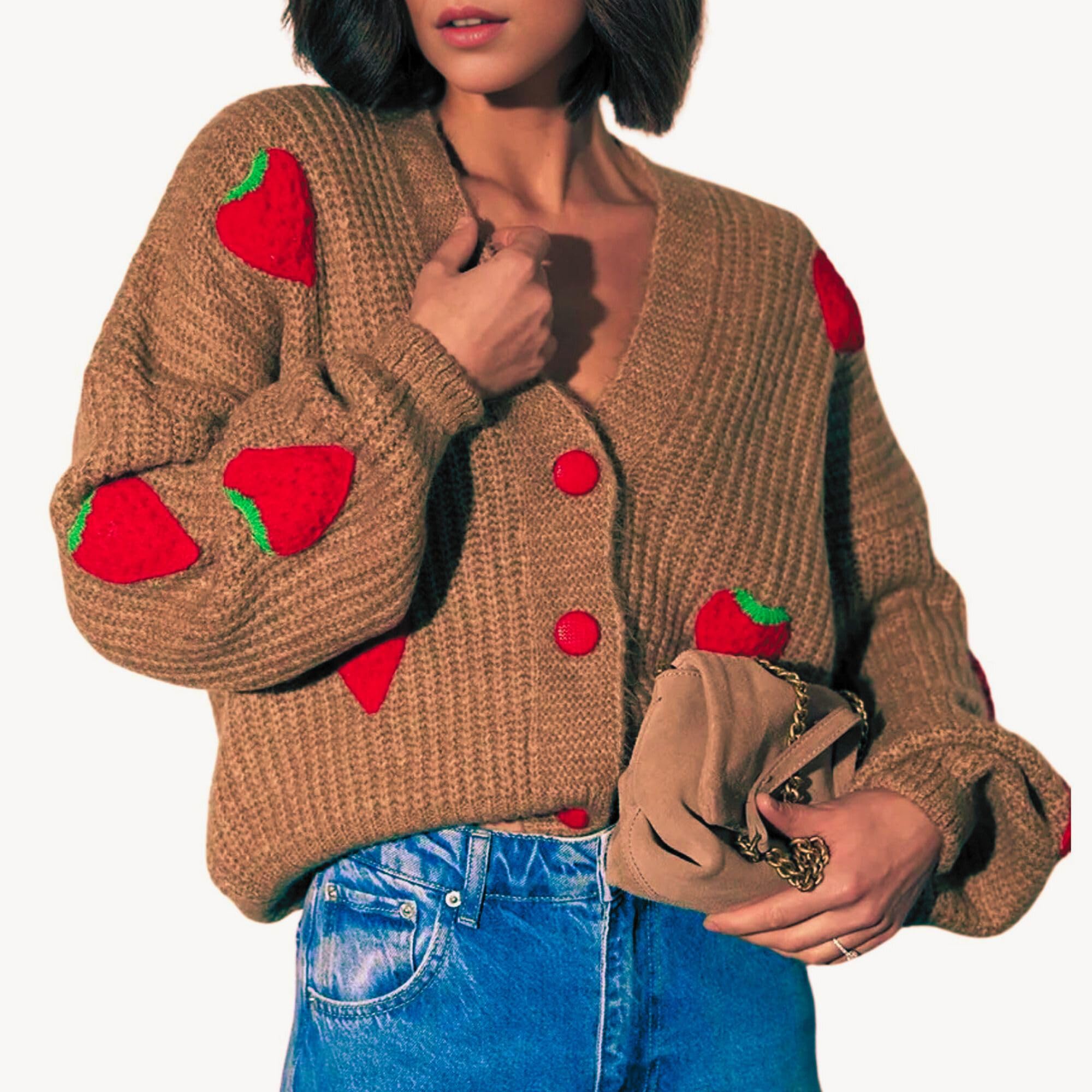 Women's Kawaii Strawberry Embroidered Cardigan Long Sleeve V Neck Chunky Knitted Cardigans