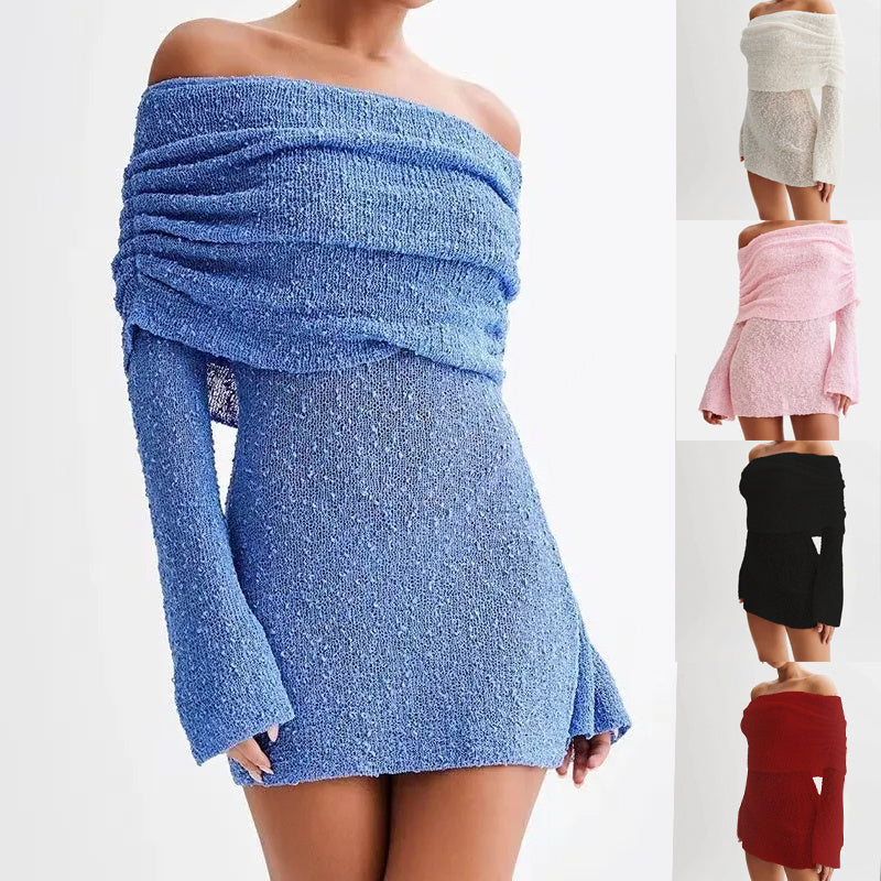 Elegant Women's Knitted Off-Shoulder Bodycon Mini Dress â€?Long Sleeve, Fuzzy, Chic Spring/Summer Party Outfit