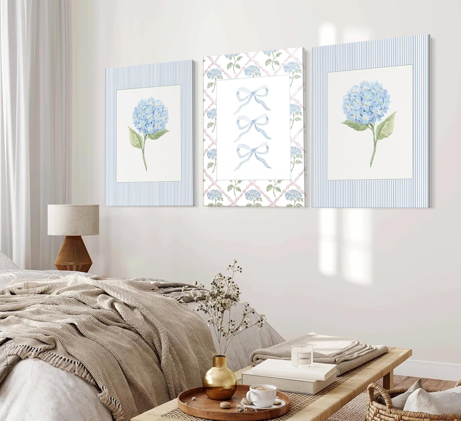 Blue Hydrangea Canvas Wall Art -  Watercolor Bow Coquette Paintings Posters