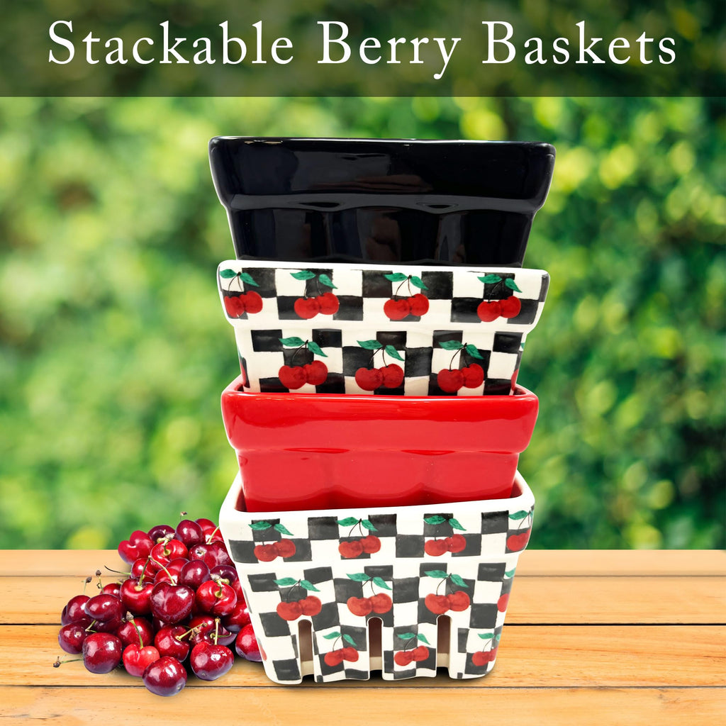 Farmhouse Ceramic Berry Basket, Colander, Fruit Decor, Fruit Bowls/Baskets, Kawaii Kitchen Bowl Fruit Pattern Stoneware Harvest Square Bowls Set of 4