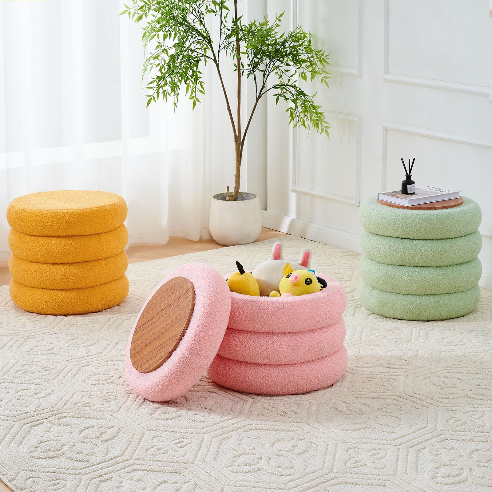 Round Storage Ottoman, Modern Sherpa Footstool with Flip-Top