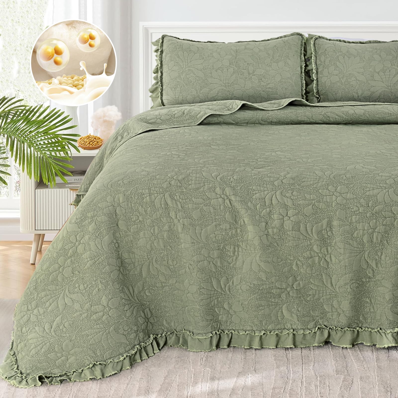 Ruffled Floral Quilts Soybean Fiber Filling Bedding Set 3 Piece, Stone-Washed Microfiber Shabby Chic Lightweight Soft Bedspread