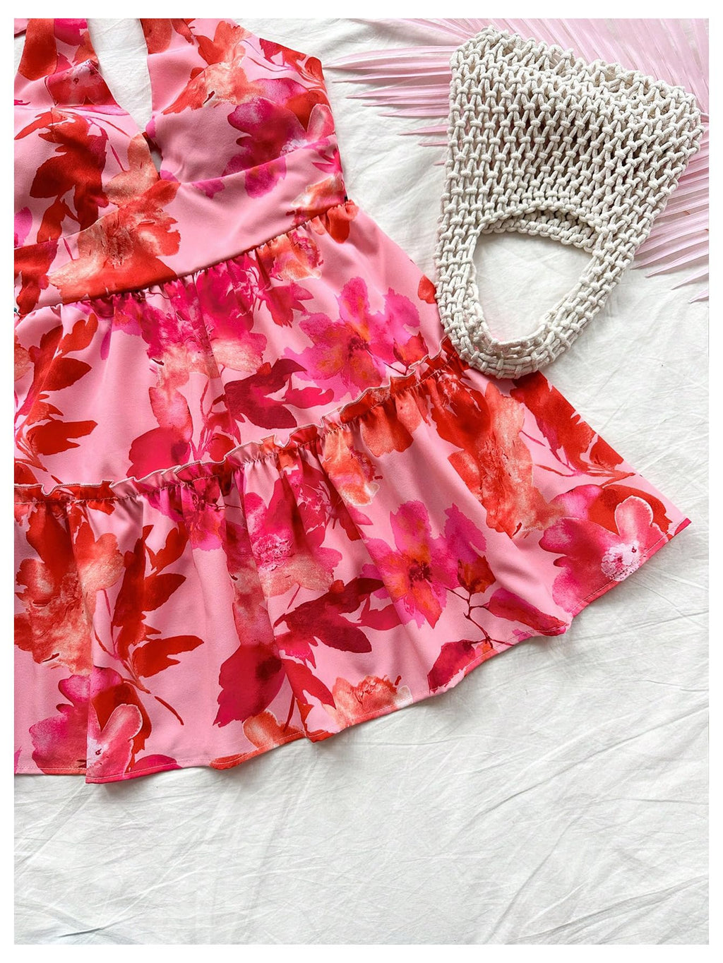 Women's Floral Print Sleeveless Halter Neck Layered Hem A Line Mini Dress