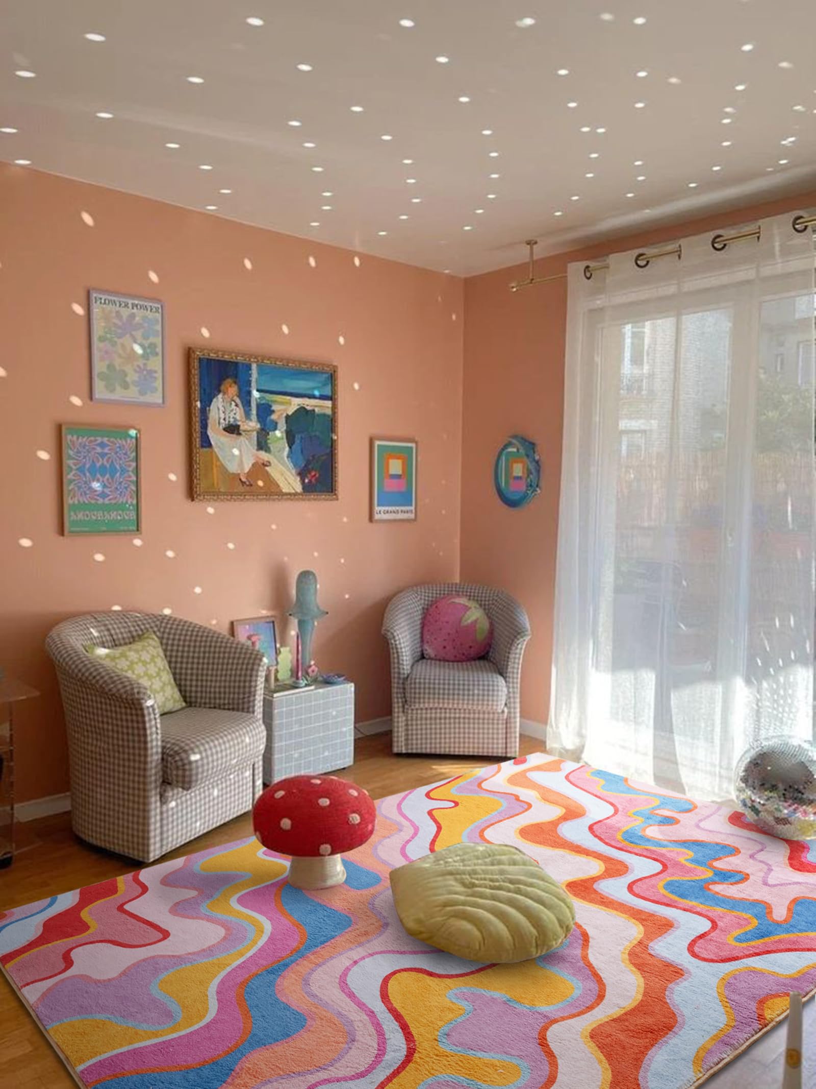 Vintage Abstract Small Area Rug Hippie Aesthetic Groovy Striped Cute Bathroom Rug Non-Slip Colorful Orange and Blush Washable Throw Rug for Kitchen Entryway Indoor Doormat