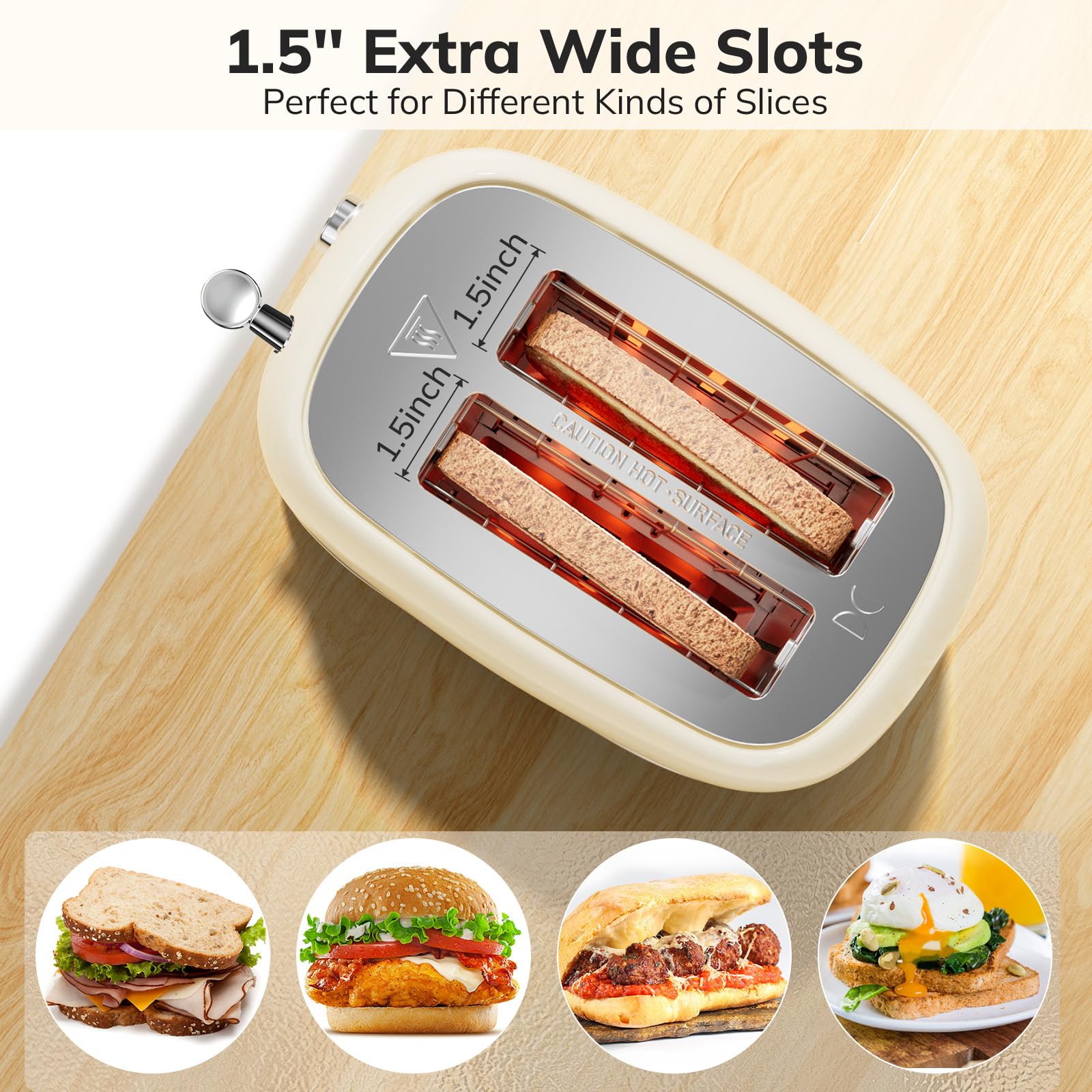 Toaster 2 Slice Stainless Steel with 6 Bread Shade Settings, Retro Toaster with Extra Wide Slot