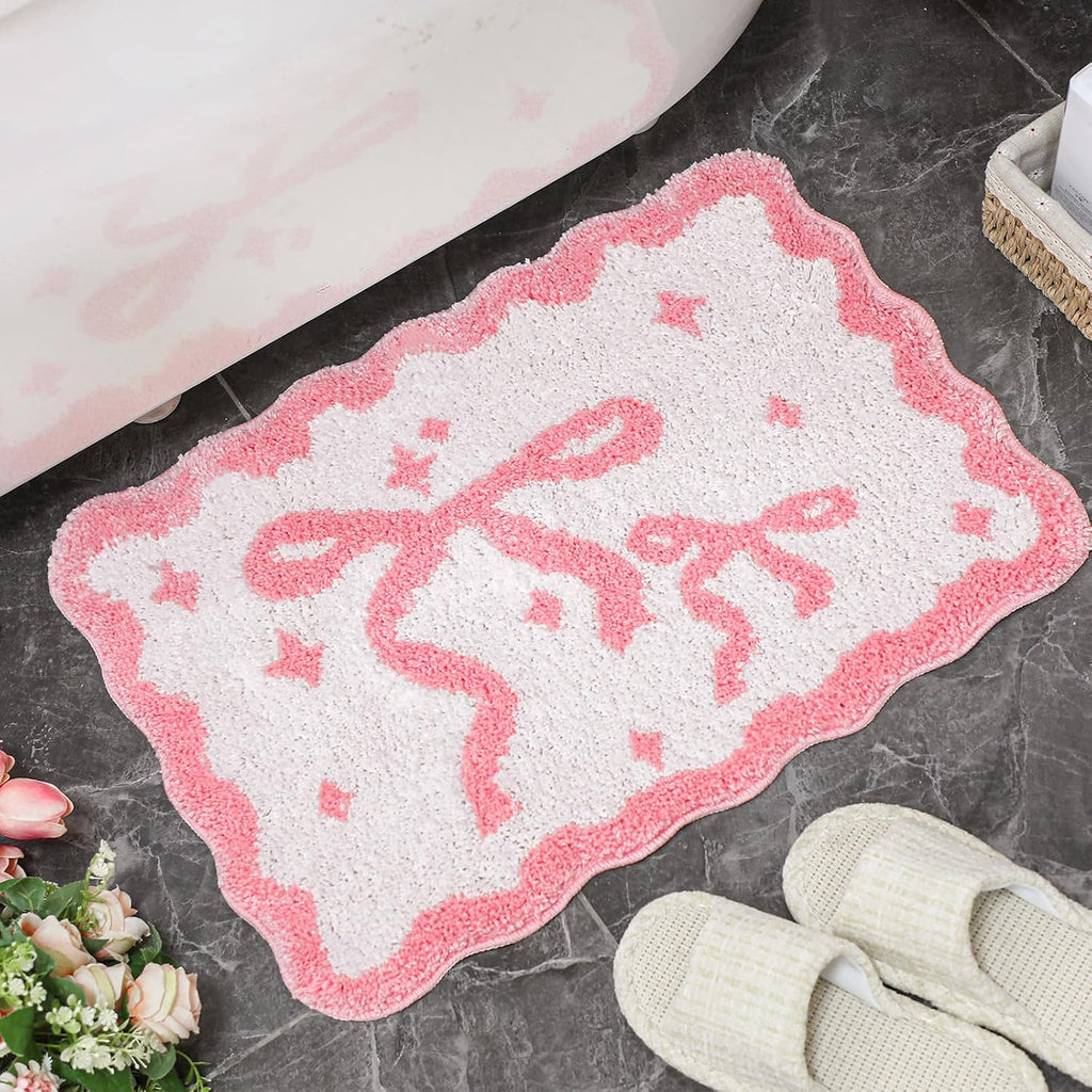 Scalloped Bow Bathroom Mat Pink Coquette Bath Mat Non Slip Absorbent Bow Bath Rugs Microfiber Washable Preppy Rugs Aesthetic Room Decor for Shower Bathtub Sink Bedroom Front Door