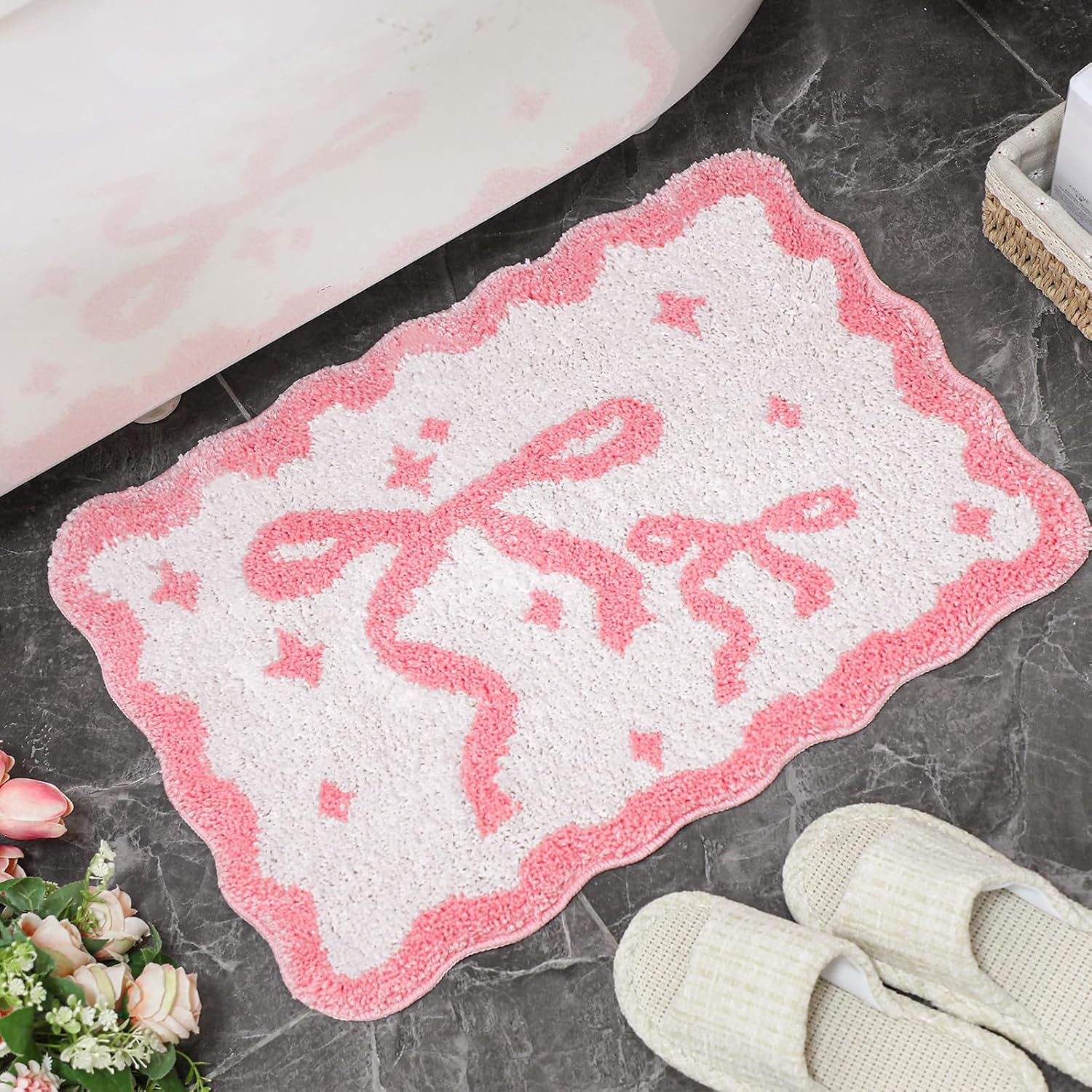 Scalloped Bow Bathroom Mat Pink Coquette Bath Mat Non Slip Absorbent Bow Bath Rugs Microfiber Washable Preppy Rugs Aesthetic Room Decor for Shower Bathtub Sink Bedroom Front Door