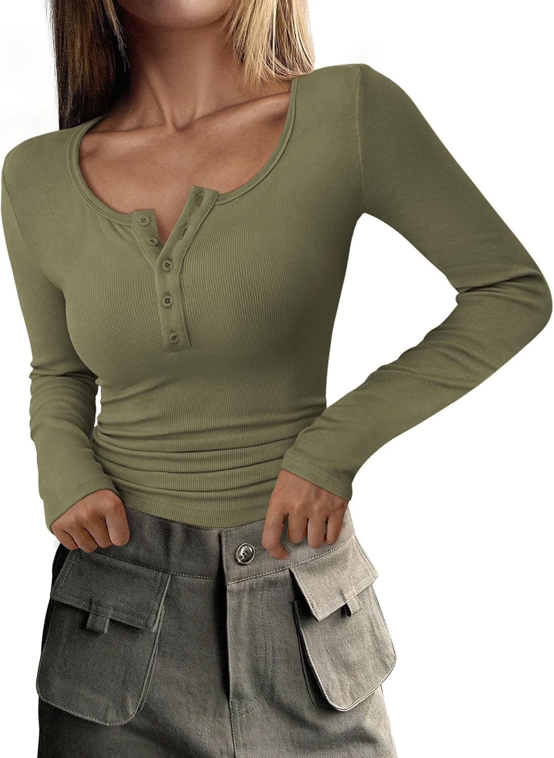 Women's Long Sleeve T Shirts Button Ribbed Knit Slim Fit Basic Tops Blouse
