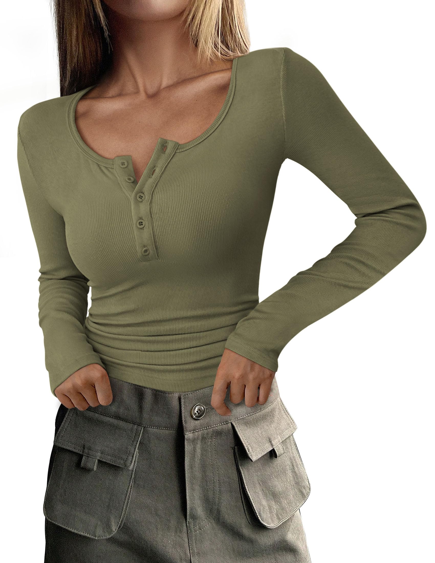 Women's Long Sleeve T Shirts Button Ribbed Knit Slim Fit Basic Tops Blouse