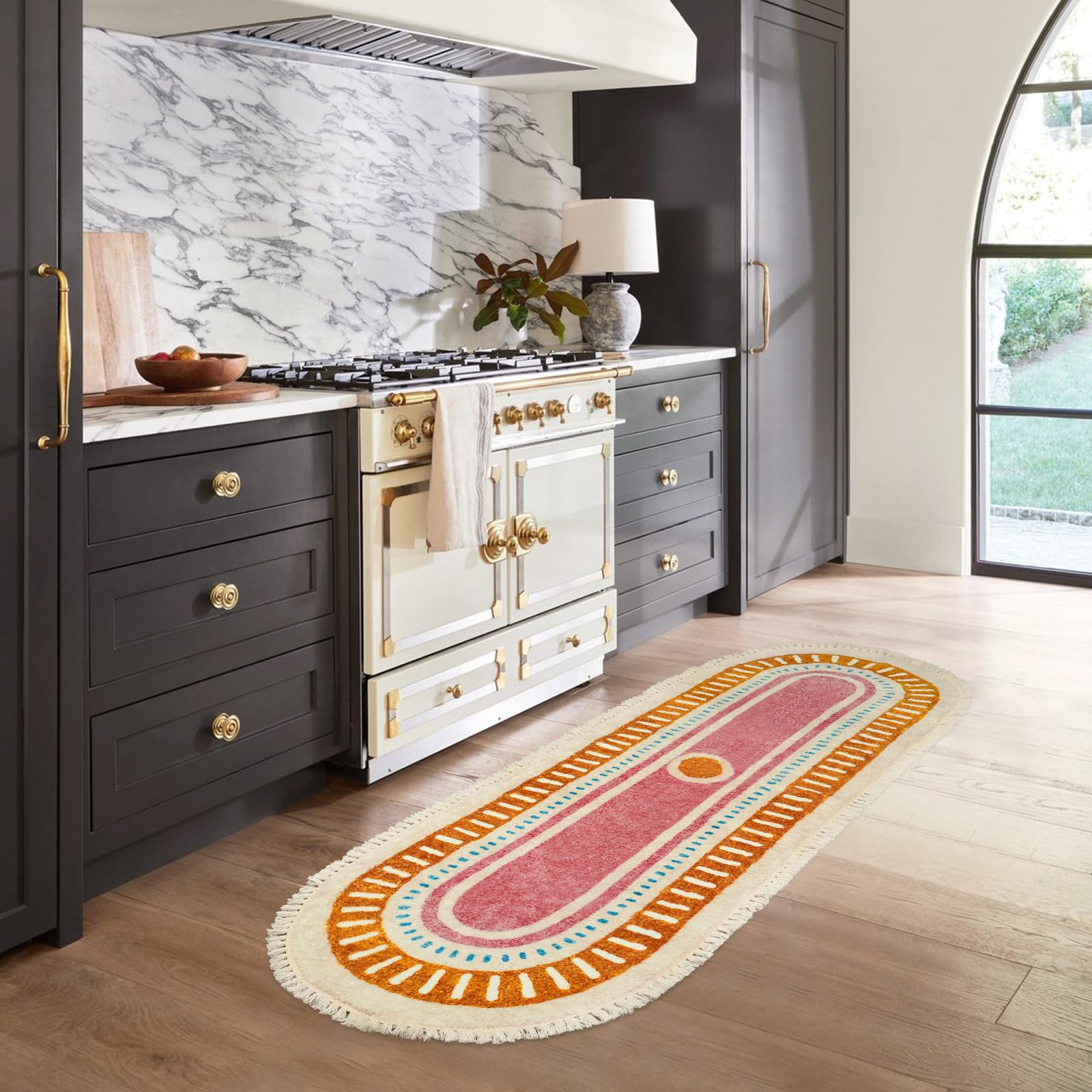 Orange Rainbow Boho Runner Rugs with Fringes, Sun Washable Hallway Runner Rug, Soft Non-Slip Area Rug